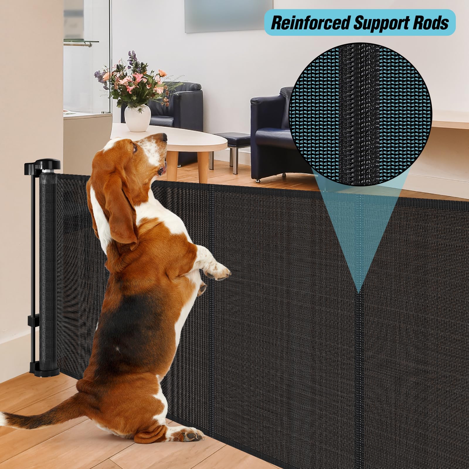 Borthmiu 24 Tall Retractable Baby Gate - 55 Wide, Reinforced Mesh Dog Gate for Kids & Pets, Black, Easy Step Over Design