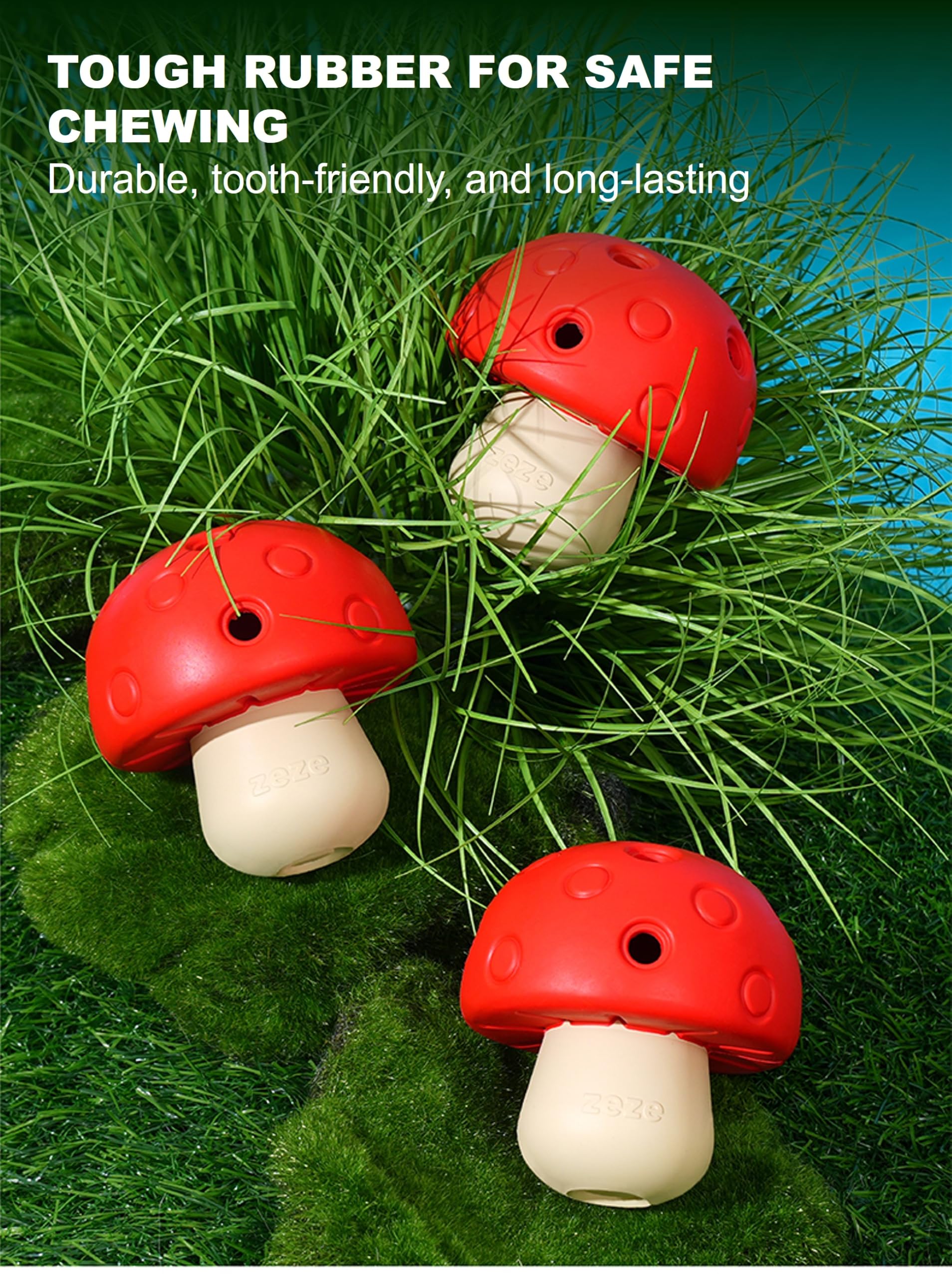 ZEZE Rubber Treat Dispensing Toy for Aggressive Chewers, Mushroom Style Interactive Slow Feeder Tough Puzzle Toys Teeth Cleaning