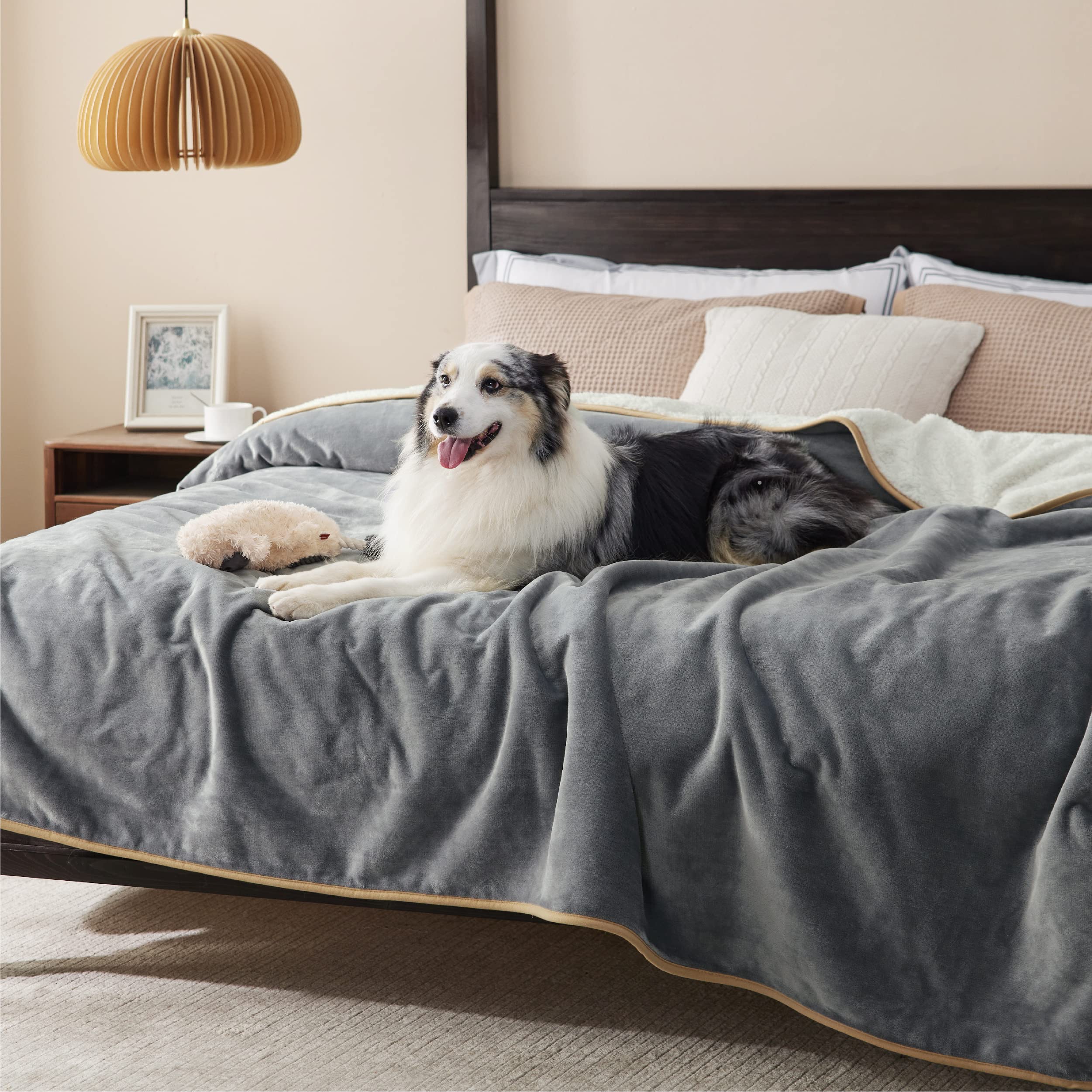 Bedsure Waterproof Blanket For Bed - Sherpa Fleece Waterproof Dog Blankets For Large Dogs, Pet Blankets For Bed/Couch/Dog Crate, Soft Plush Reversible Furniture Protector, King Size, 108'X86', Grey
