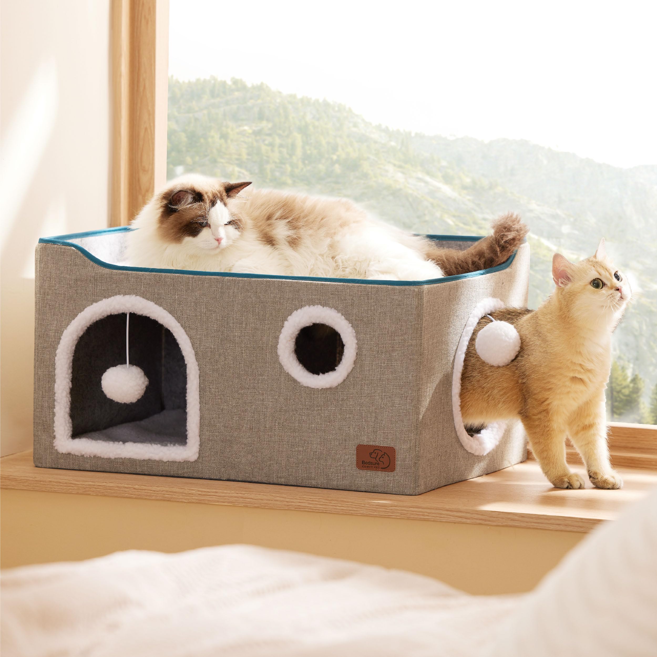 Bedsure Extra-Wide Cat House For Indoor Cats - Large Cat Cave For Pet Cat House With Fluffy Ball Hanging And Scratch Pad, Foldable Cat Hideaway For Multi Cats, 23.6X16.9X13 Inches, Grey