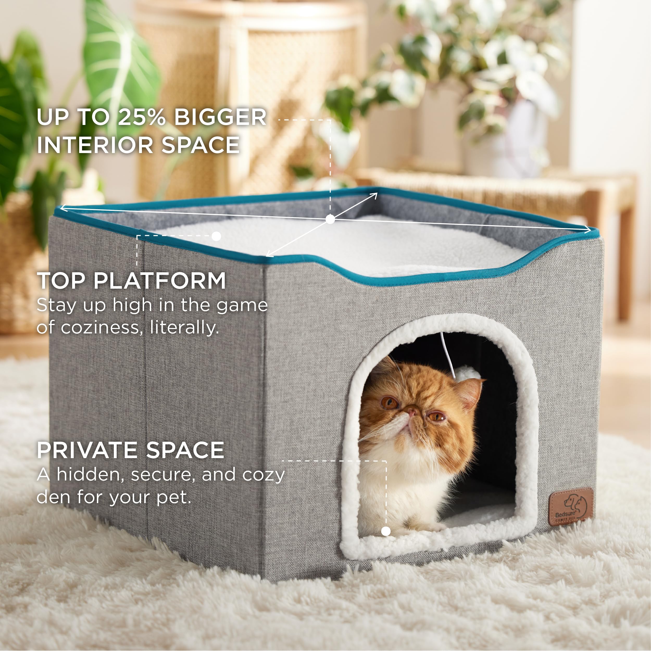 Bedsure Cat Beds For Indoor Cats - Large Cat Cave For Pet Cat House With Fluffy Ball Hanging And Scratch Pad, Foldable Cat Hidea