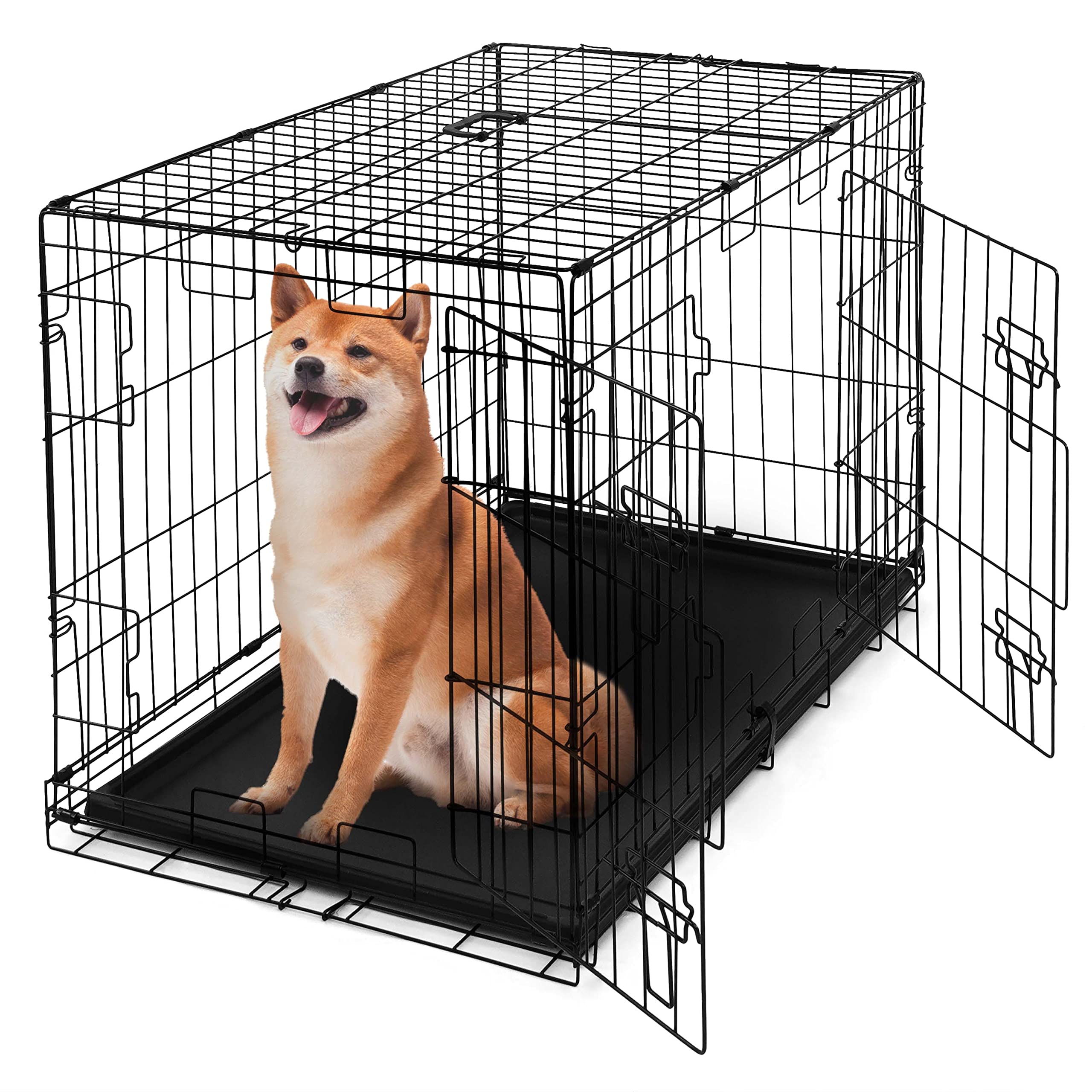 Caphaus Foldable Dog Crate Wire Metal Kennel W/Leak-Proof Pan & Protecting Feet & Divider Panel, Single Or Double Door, Small, Medium & Large Dog Crate Indoor Wire Dog Cage, 36” W/Double Doors