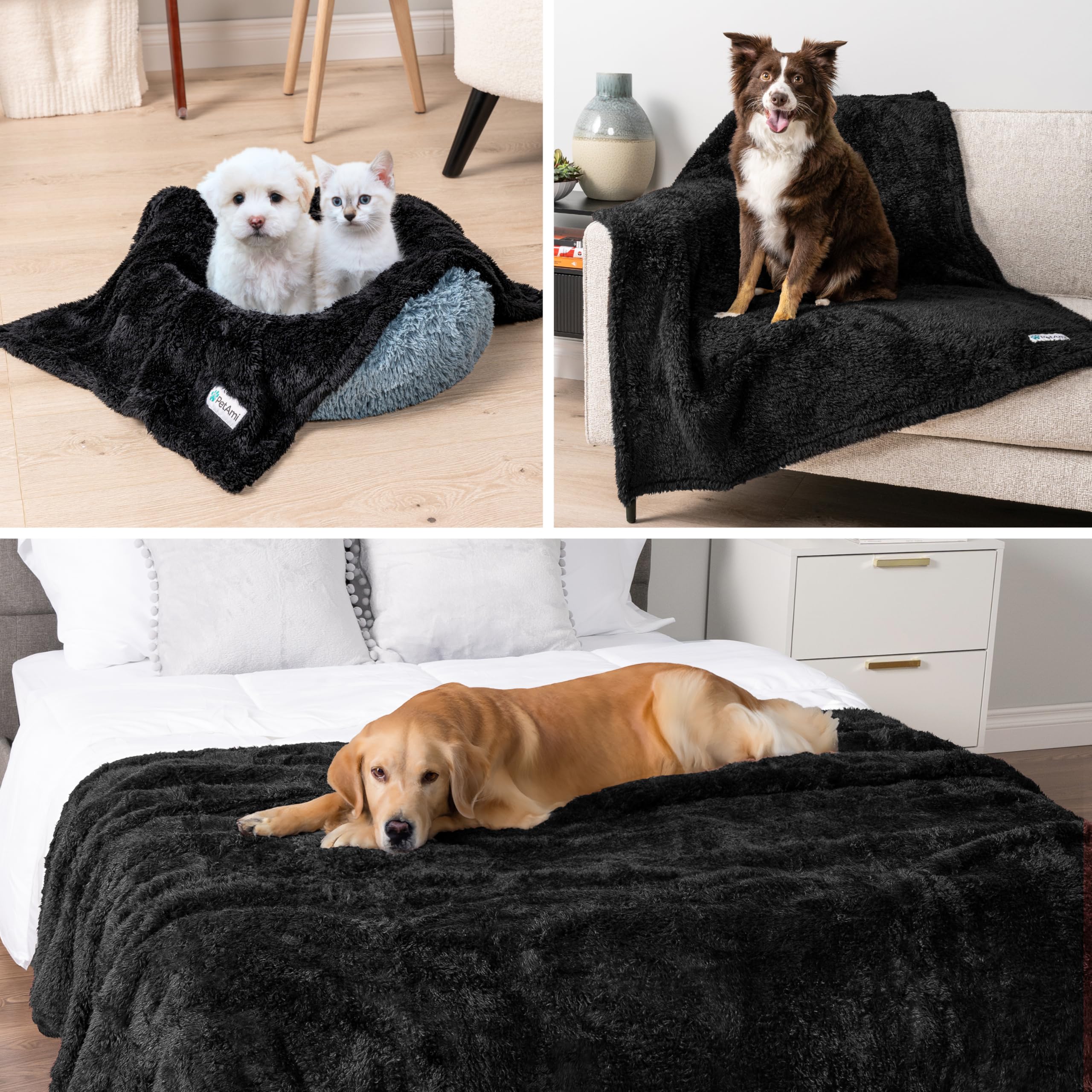 Petami Fluffy Waterproof Dog Blanket For Bed Large Dogs, Soft Warm Pet Sherpa Throw Pee Proof Couch Cover, Reversible Cat Blanket Sofa Crate Kennel Protector, Washable Mat (Black, 60X80)