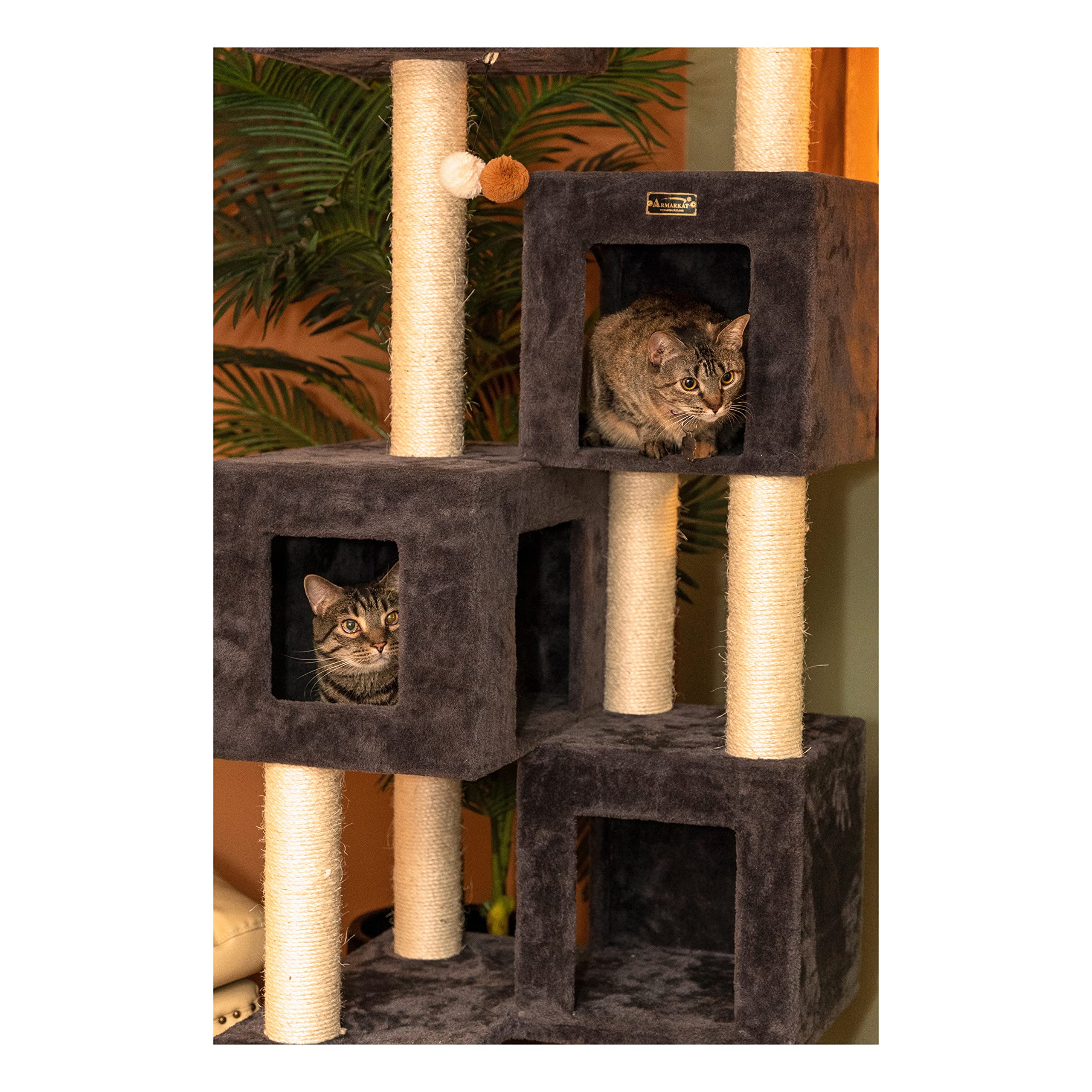 Armarkat Real Wood Cat Tower A8104 - 26"L x 24"W x 80"H, Dark Gray, Multi-Level with Condos for Multiple Cats
