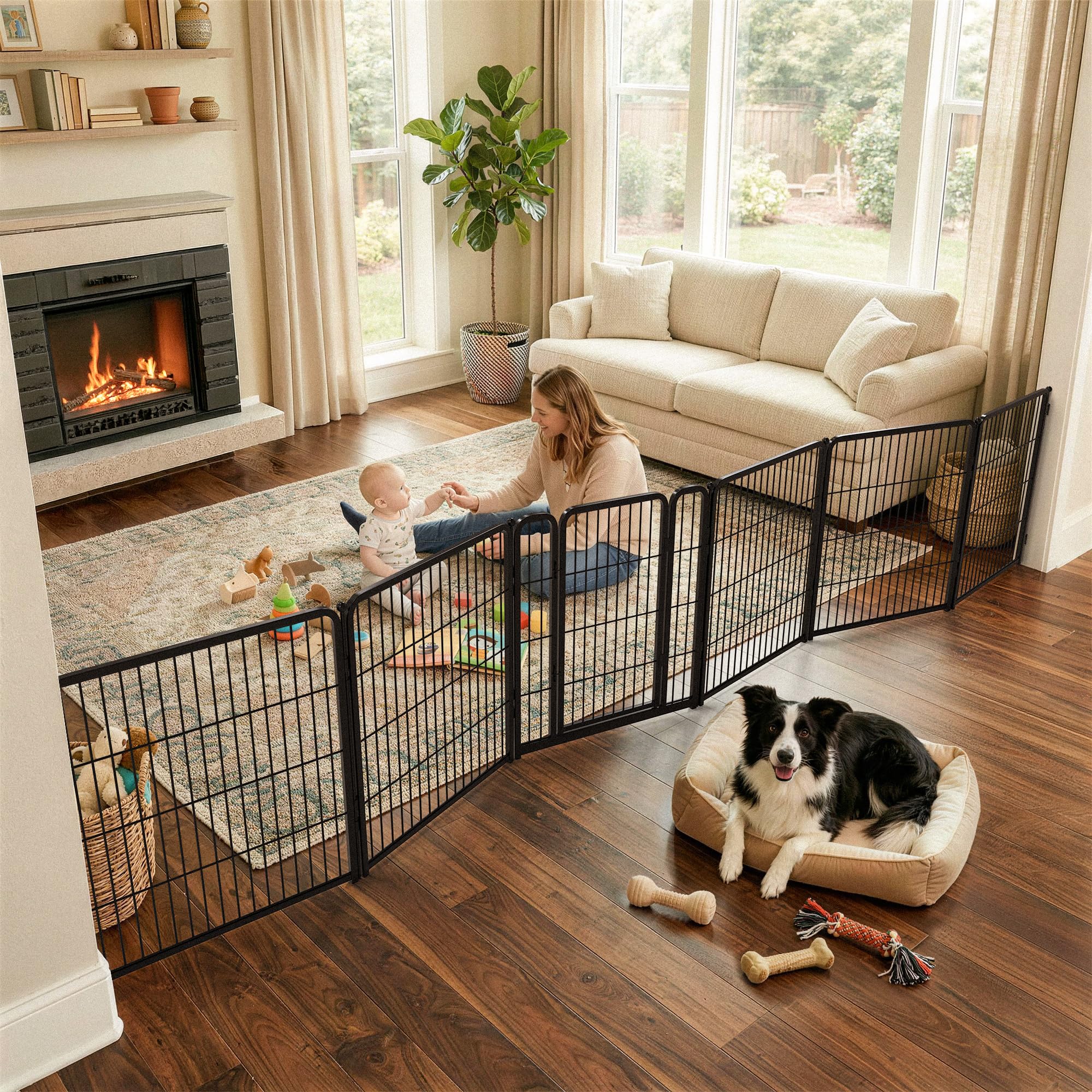 FXW Dog Gate Extra Wide Designed for Indoor Use, Adjustable Width Up to 165-inch Wide (45 H 6 Wire Panels for Large Dogs), Black