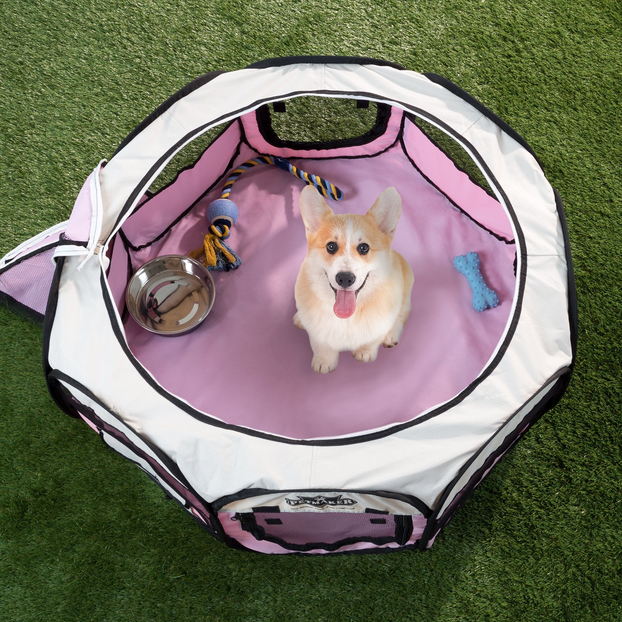 Portable Puppy Playpen - Small Pop-Up Play Yard for Pets Up to 25lbs with Mesh Windows, 2 Pockets, Zippered Roof, and Carry Bag