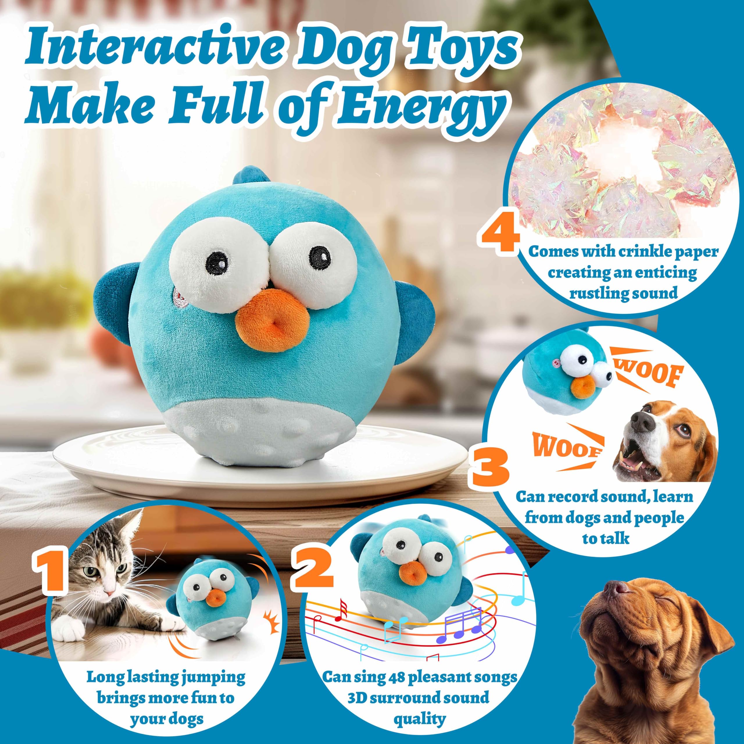 Gukco Dog Toys,Rechargeable Crinkle Chew Interactive Squeaky Toy With Jumping Music Moving Ball For Small Medium Large Breed Pup