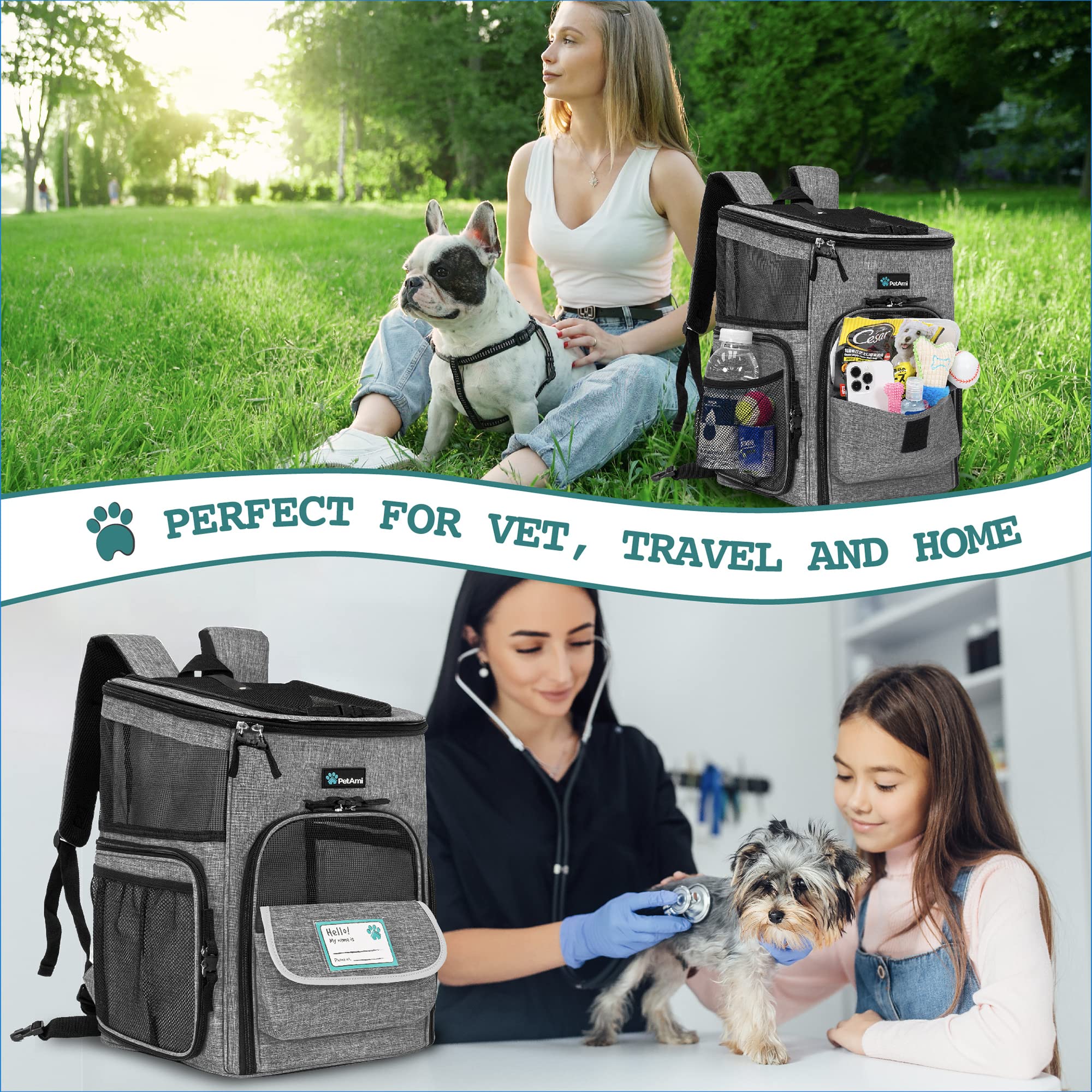 Petami Dog Backpack Carrier, Airline Approved Cat Backpacks For Carrying Small Large Cats, Pet Carrier Back Pack, Ventilated Soft Sided For Travel, Hiking, Camping, Max 18 Lbs, Heather Gray
