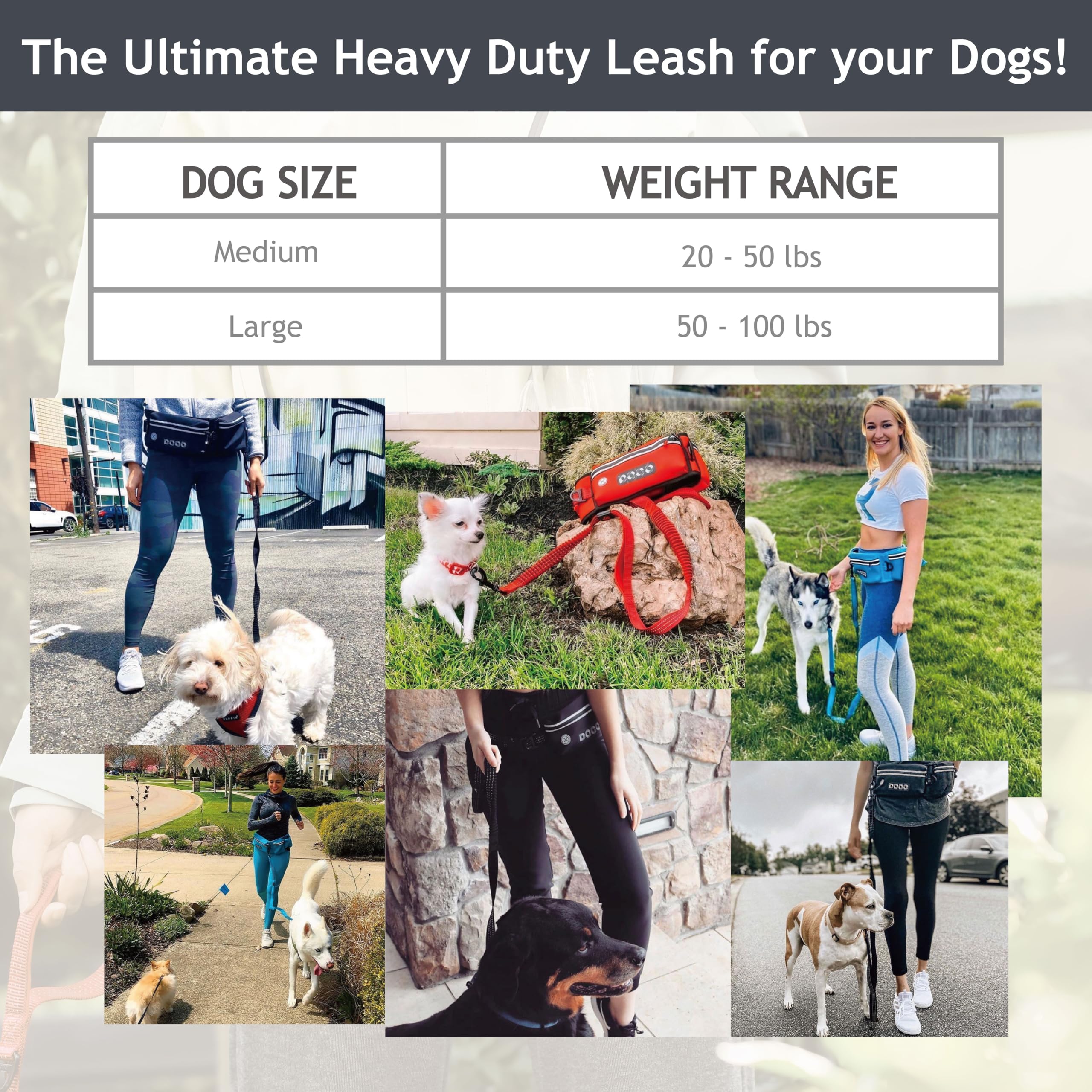 DOCO Heavy Duty Dog Leash - Adjustable Waist Belt, Bungee Design, Reflective, Medium-Large, Turquoise