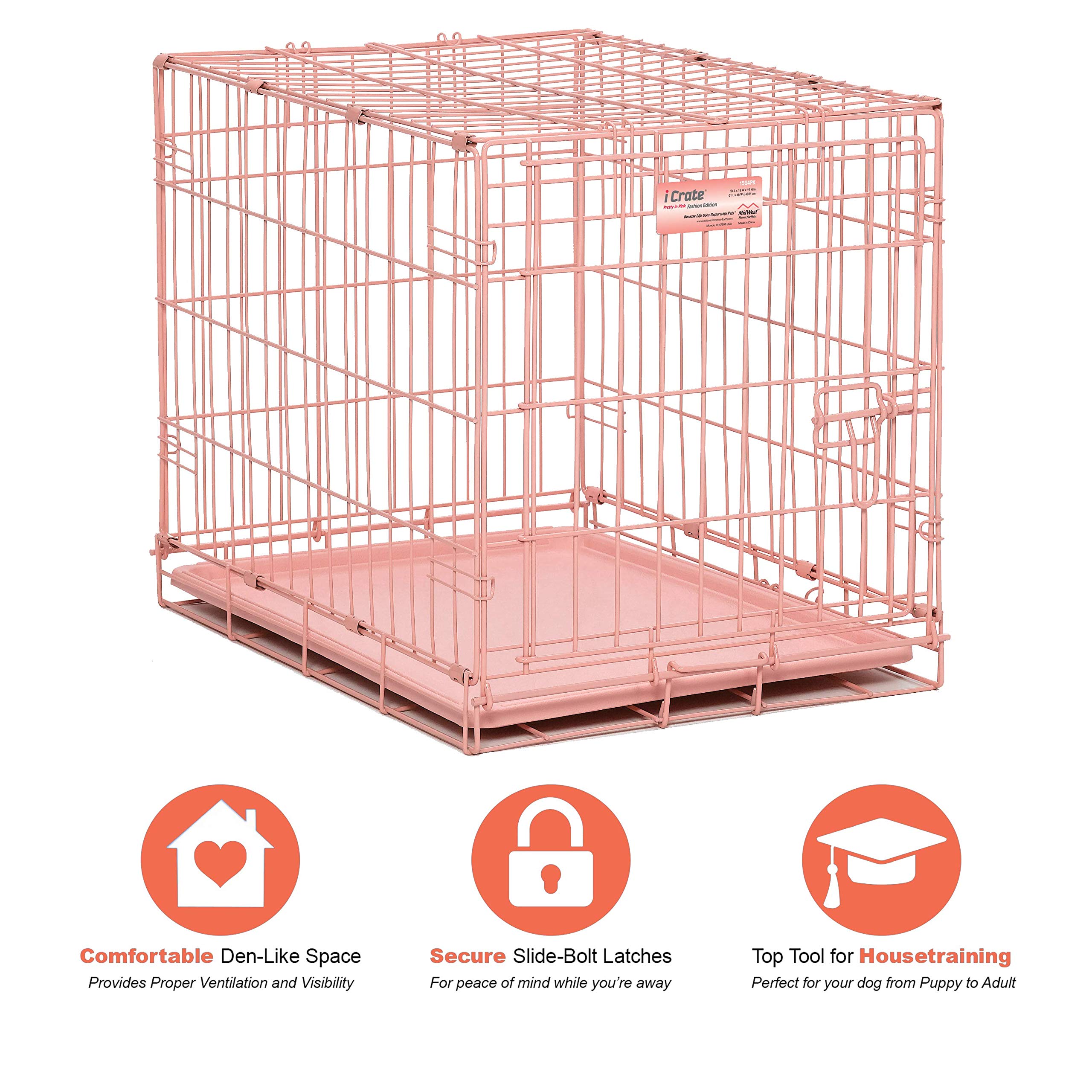 MidWest Homes for Pets iCrate 24" Pink Folding Metal Dog Crate with Divider, Roller Feet & Leak Proof Tray, Small Dog Breed