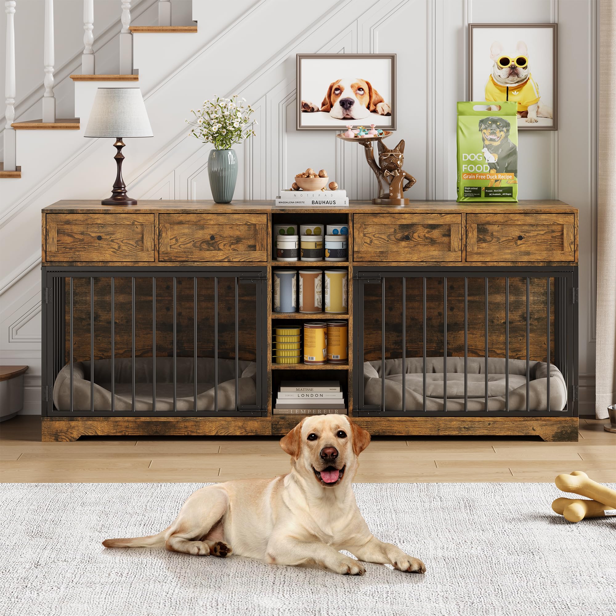 Garvee Double Dog Crate Furniture, 82 Large Dog Kennel Indoor with 4 Drawers and Shelves, Heavy Duty Wooden Dog Crate TV Stand