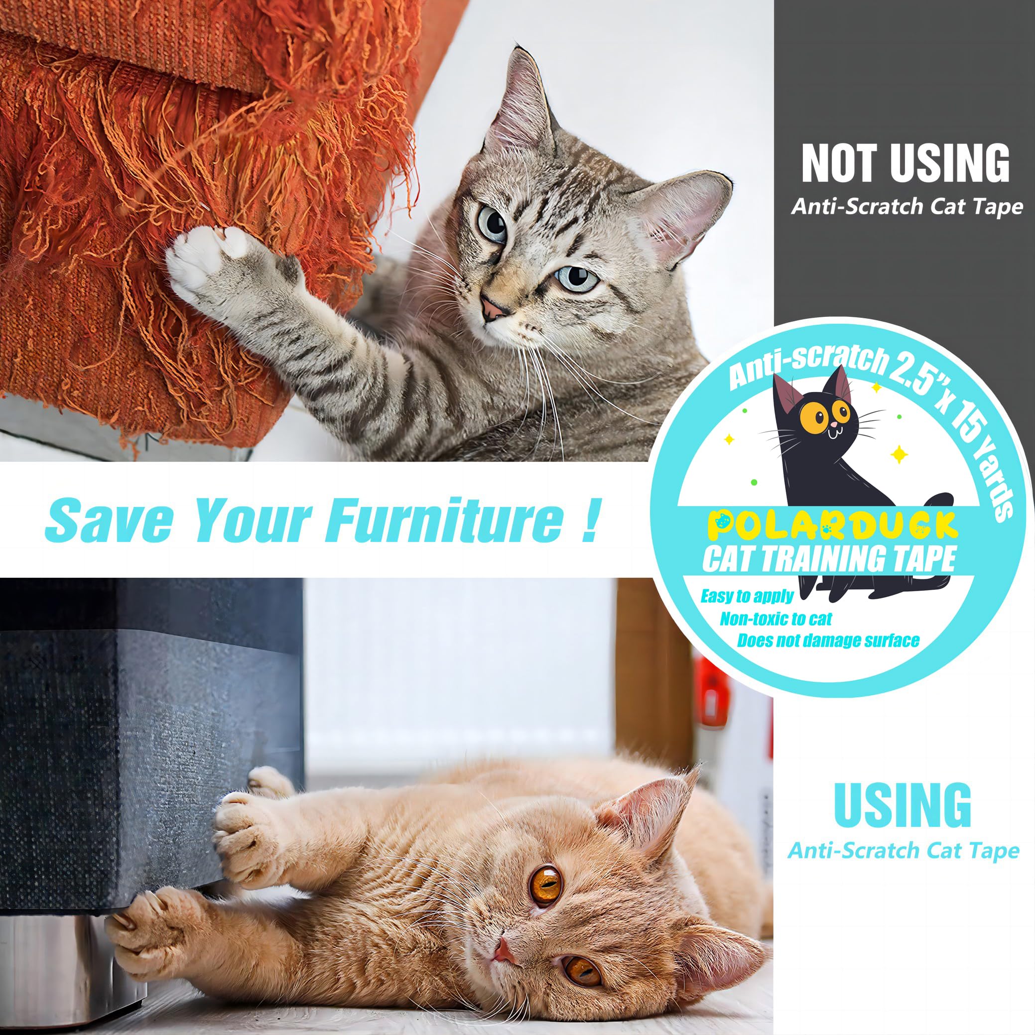 Polarduck Anti Cat Scratch Tape - 2.5" x 15 Yards, Clear Double-Sided Furniture Protector, Safe for Pets & Kids, Model PDKPSS