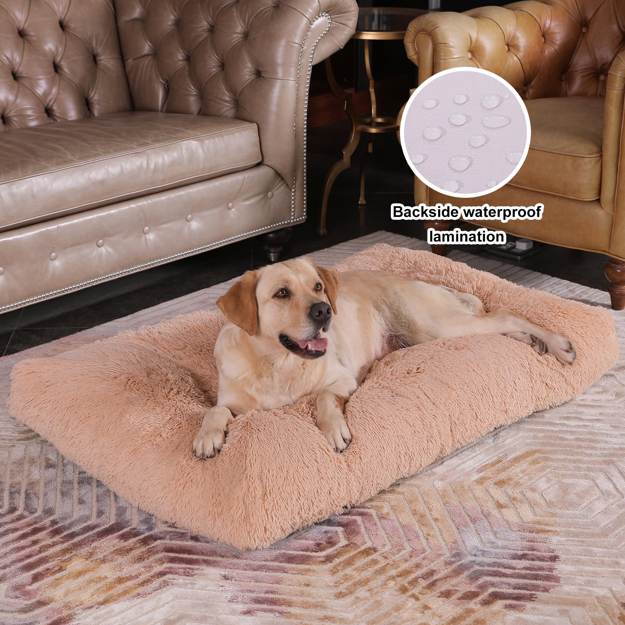 Bedfolks Waterproof Crate Bed, Plush Dog Kennel Pad With Removable Washable Cover, Faux Fur, Fluffy, 41''X27'', Solid Camel