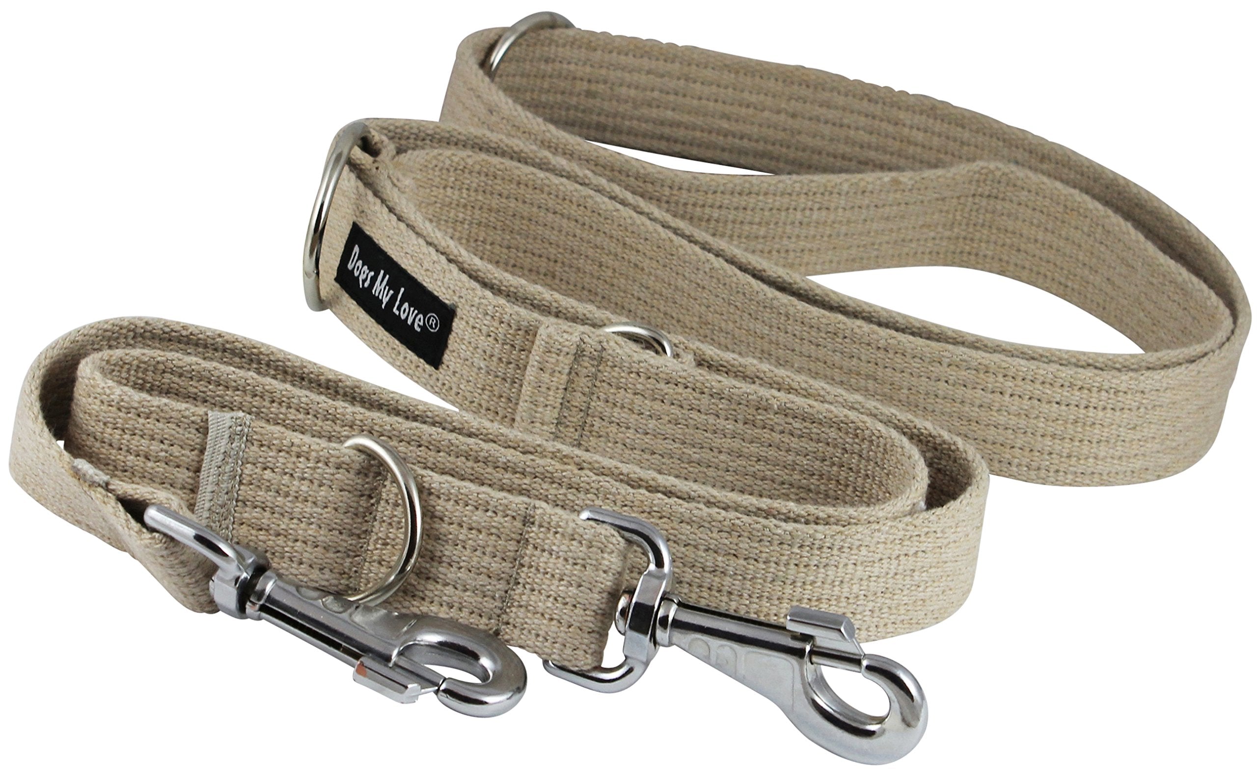 Dogs My Love 1.25 Wide Cotton Web 6-Way European Multi-Functional Dog Leash, Adjustable Lead 45-78 Long, Xlarge (Beige)