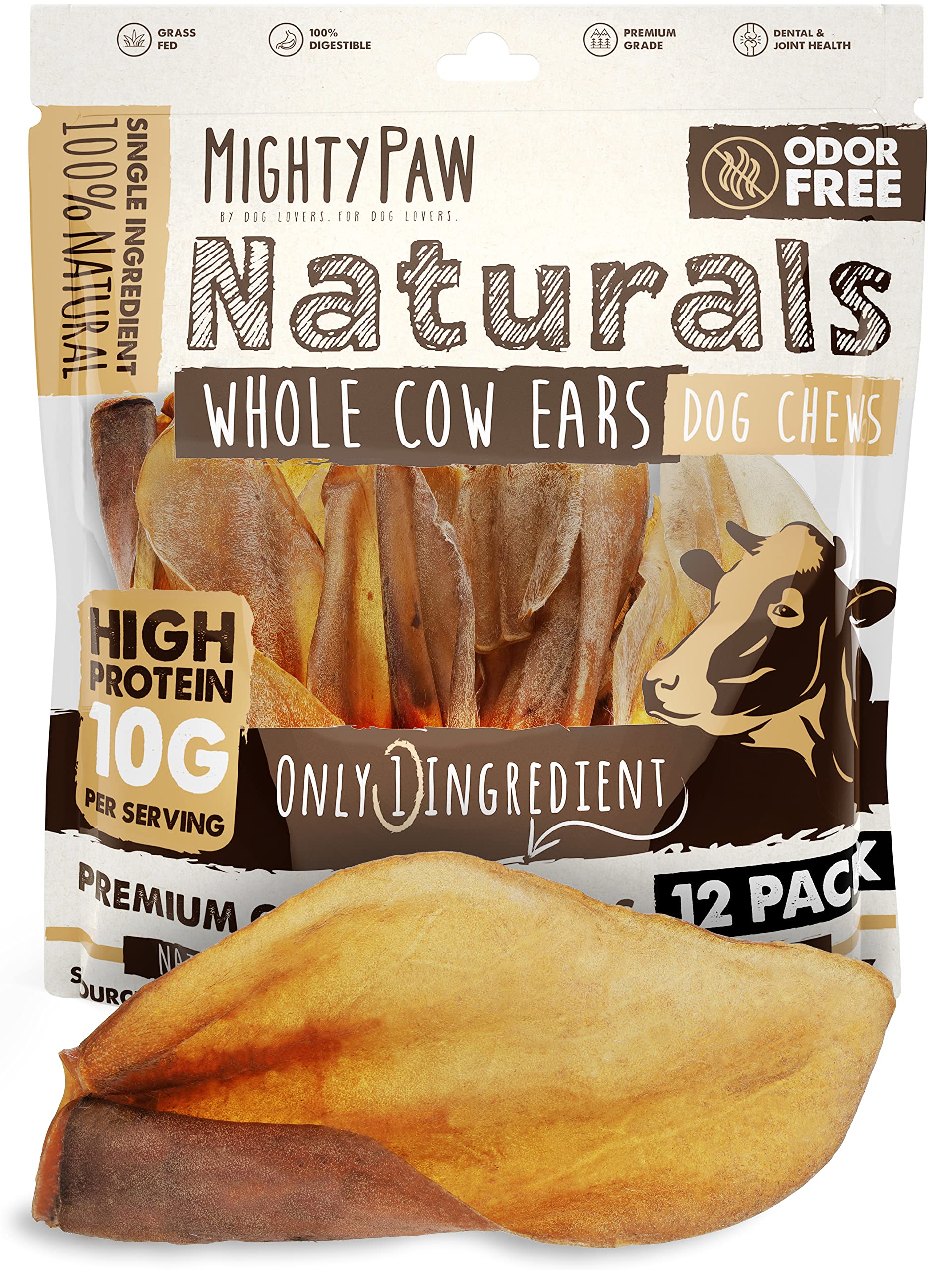 Mighty Paw 100% Natural Unbleached Cow Ears for Dogs - Single Ingredient - Cows Ears for Dogs Chew Treats Suitable for Small, Me
