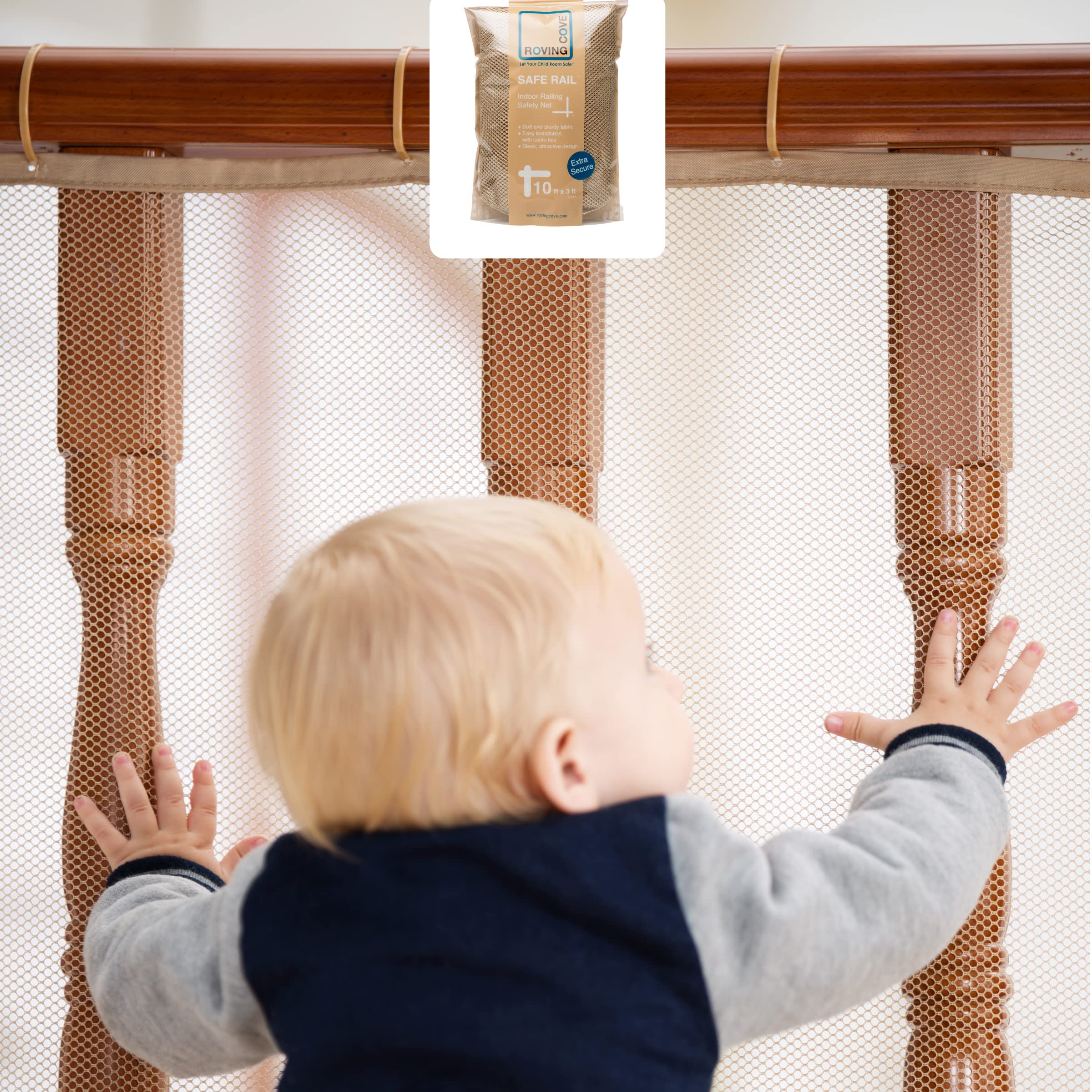 Roving Cove Stair Banister Guard 10Ft X 3Ft, Railing Safety Net For Baby Proofing, Child Safety Stairway Cover, Balcony Mesh Netting, Almond Brown