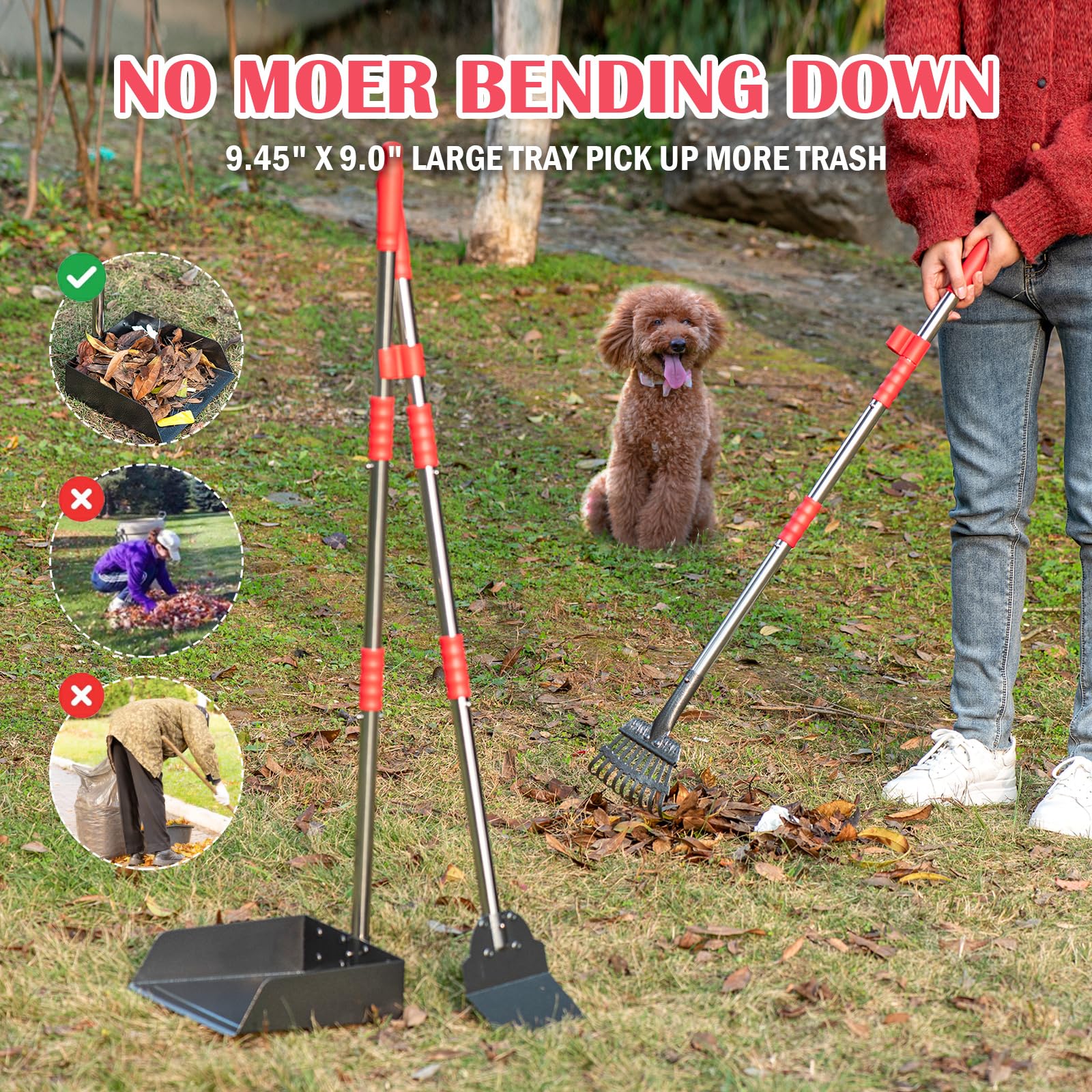 FUSBUNTY Dog Pooper Scooper Set - Heavy Duty Stainless Steel Rake & Extra Large Tray for Easy Pet Waste Removal on Grass, Dirt, or Gravel