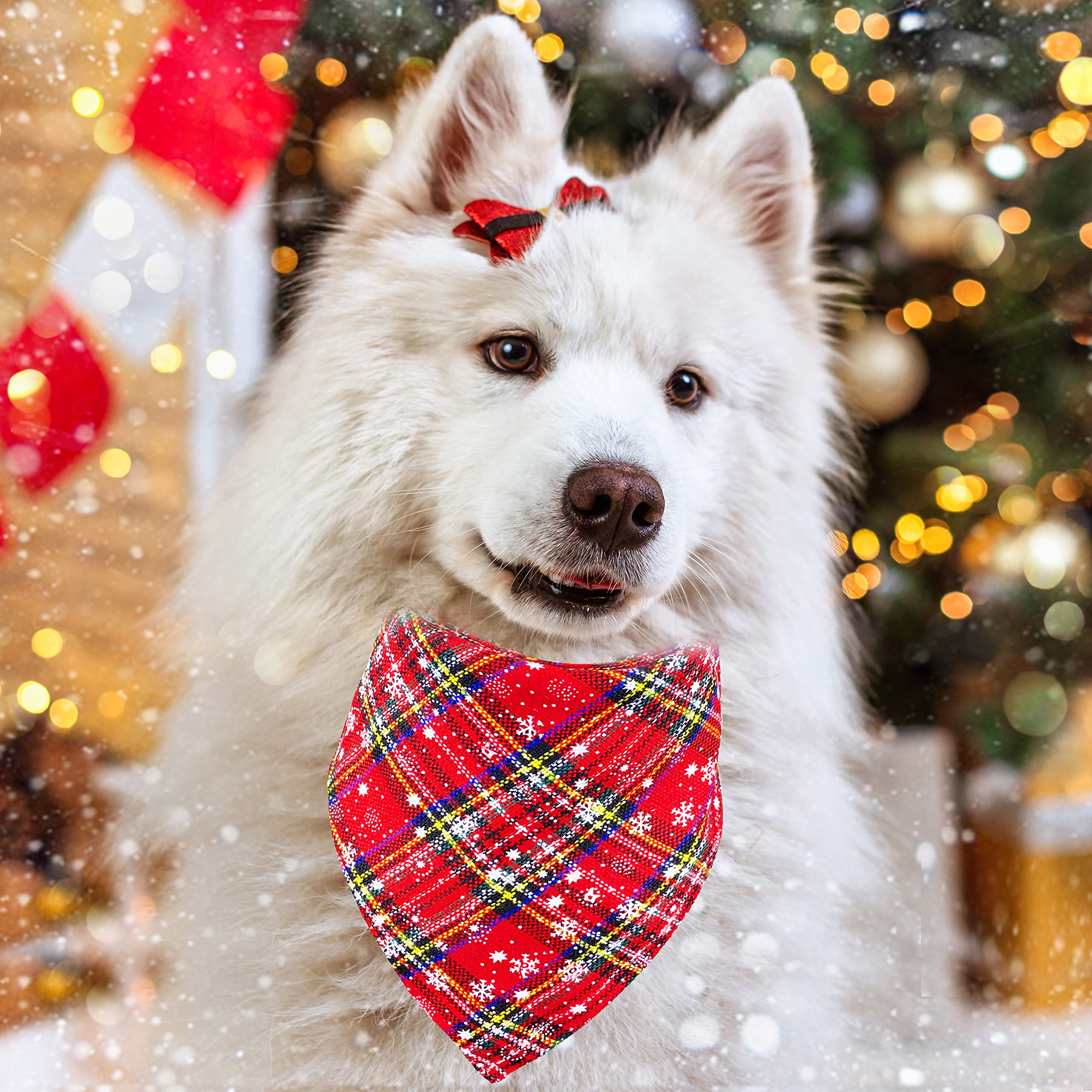 Pohshido 2 Pack Christmas Dog Bandana, Holiday Cat Bandana Buffalo Plaid Flannel Bibs Scarfs For Small Medium Large Dogs Cats Puppies Pets (Large)