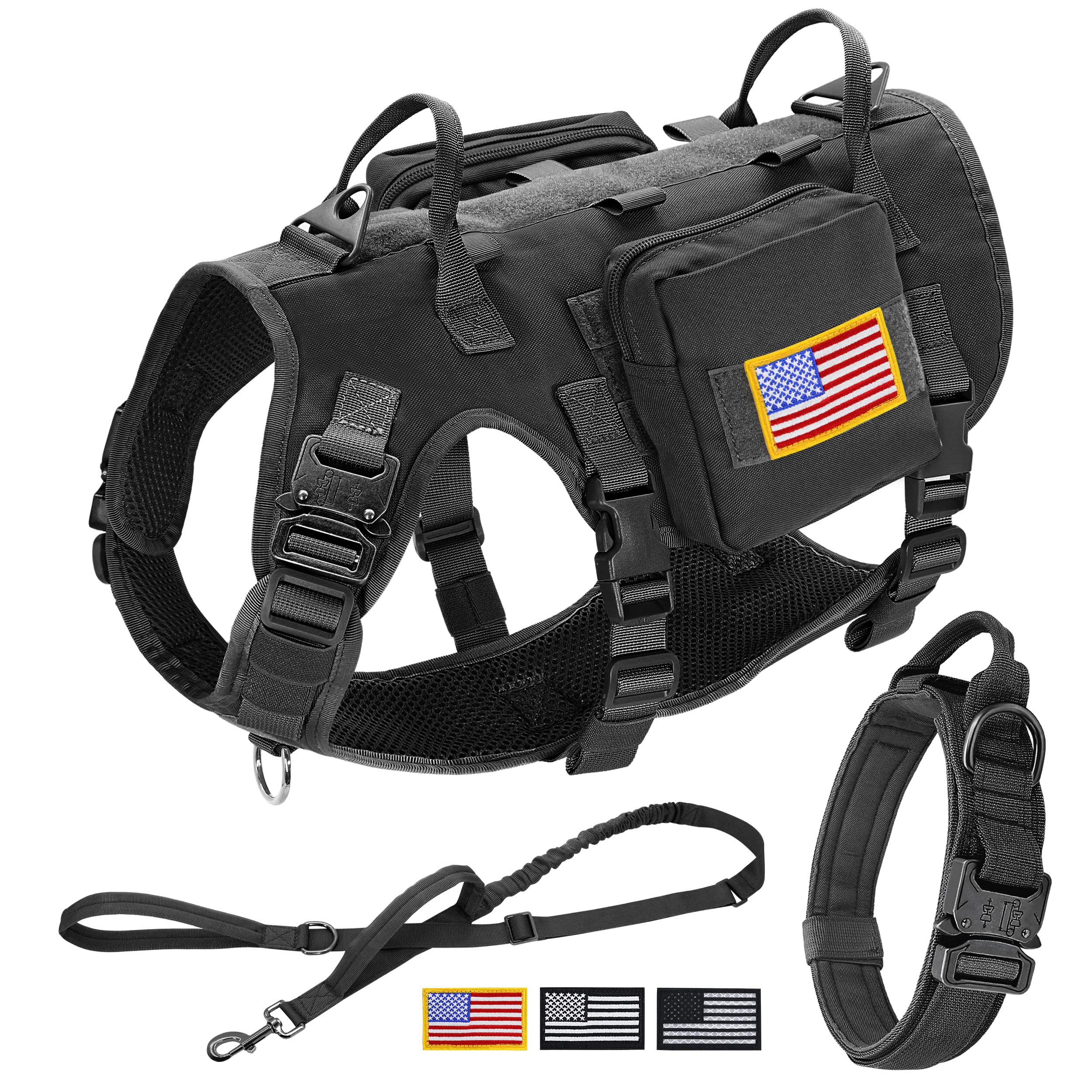 Forestpaw Tactical Dog Vest Harness & Collar Set, Black, L, Nylon, No Pull Military Design for Medium Large Dogs