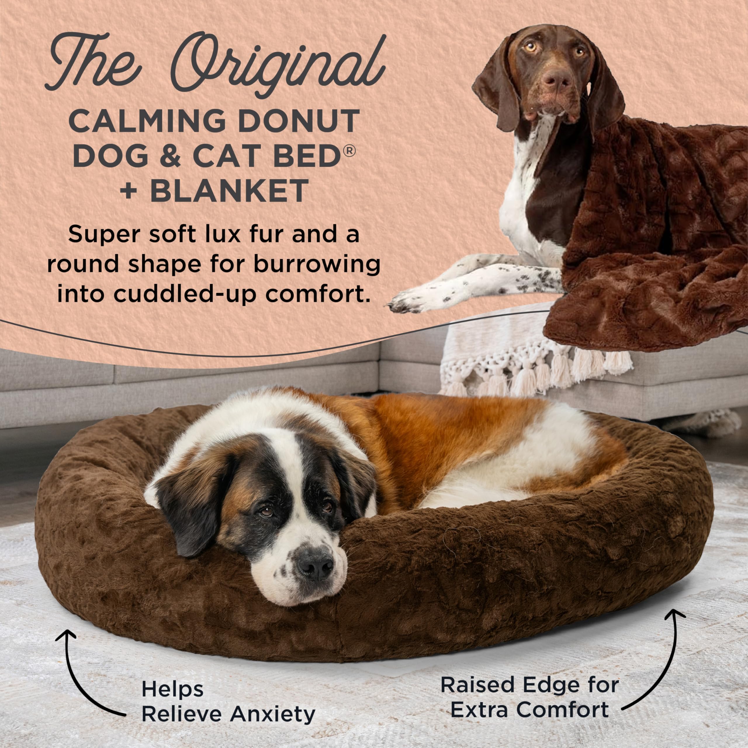 Best Friends by Sheri Bundle Set The Original Calming Lux Donut Cuddler Cat and Dog Bed + Pet Throw Blanket Dark Chocolate Extra