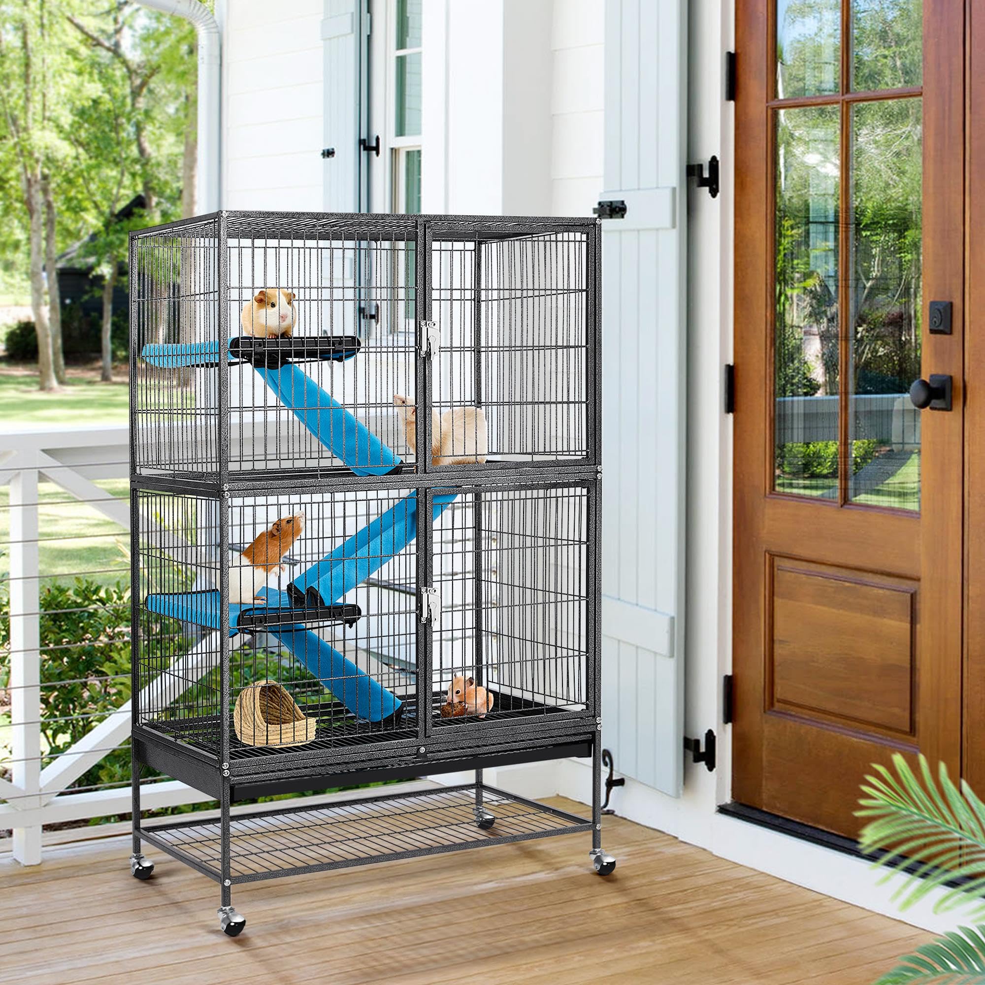 Yaheetech Rolling 2-Story Ferret Cage Small Animal Cage For Chinchilla Adult Rats Metal Critter Nation Cage W/ 2 Removable Ramps/Platforms Black