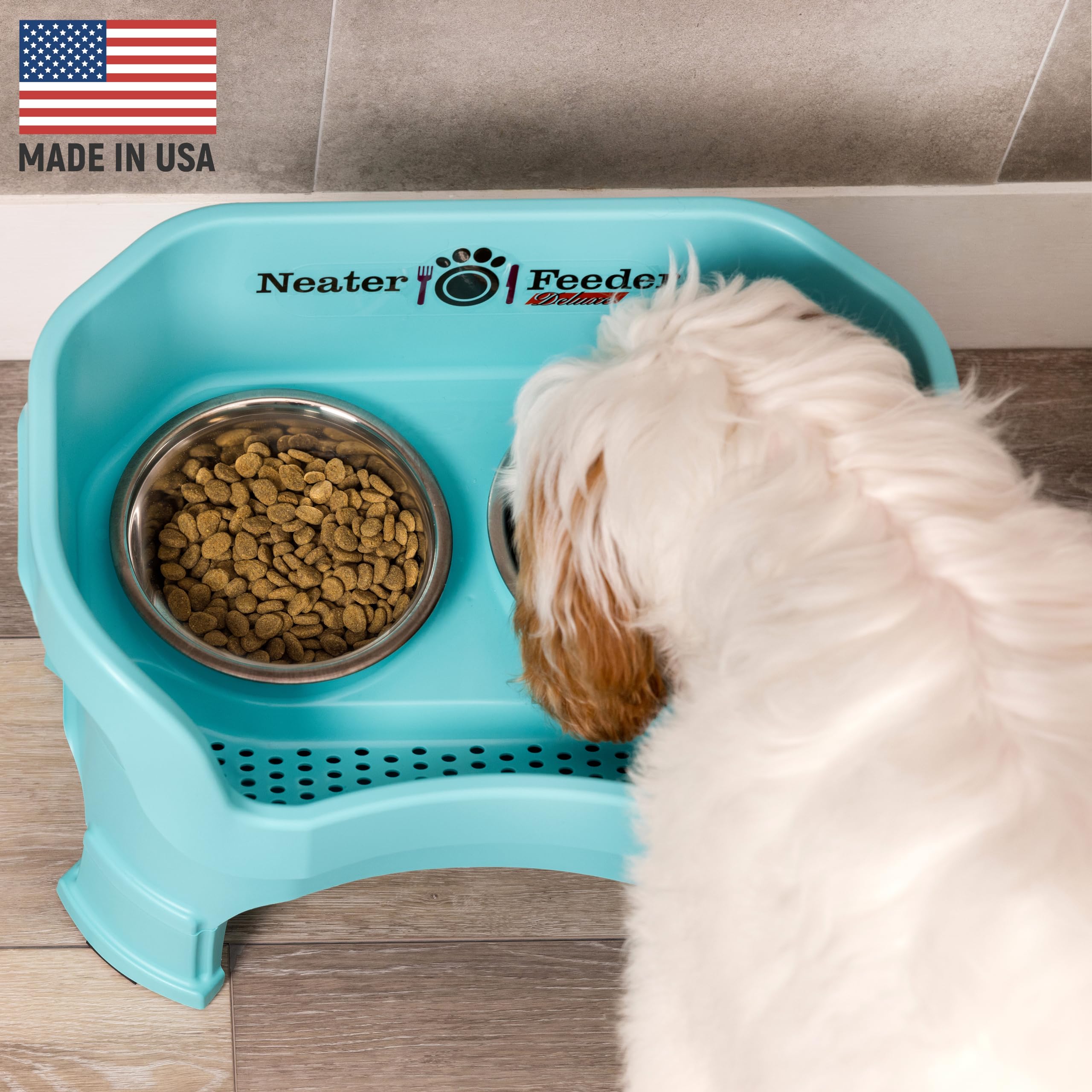 Neater Feeder Deluxe Mess Proof Dog Bowls Elevated Medium Sized Dogs (19-40 lbs) Made in USA, No Spill Raised Dog Food Bowl Stan