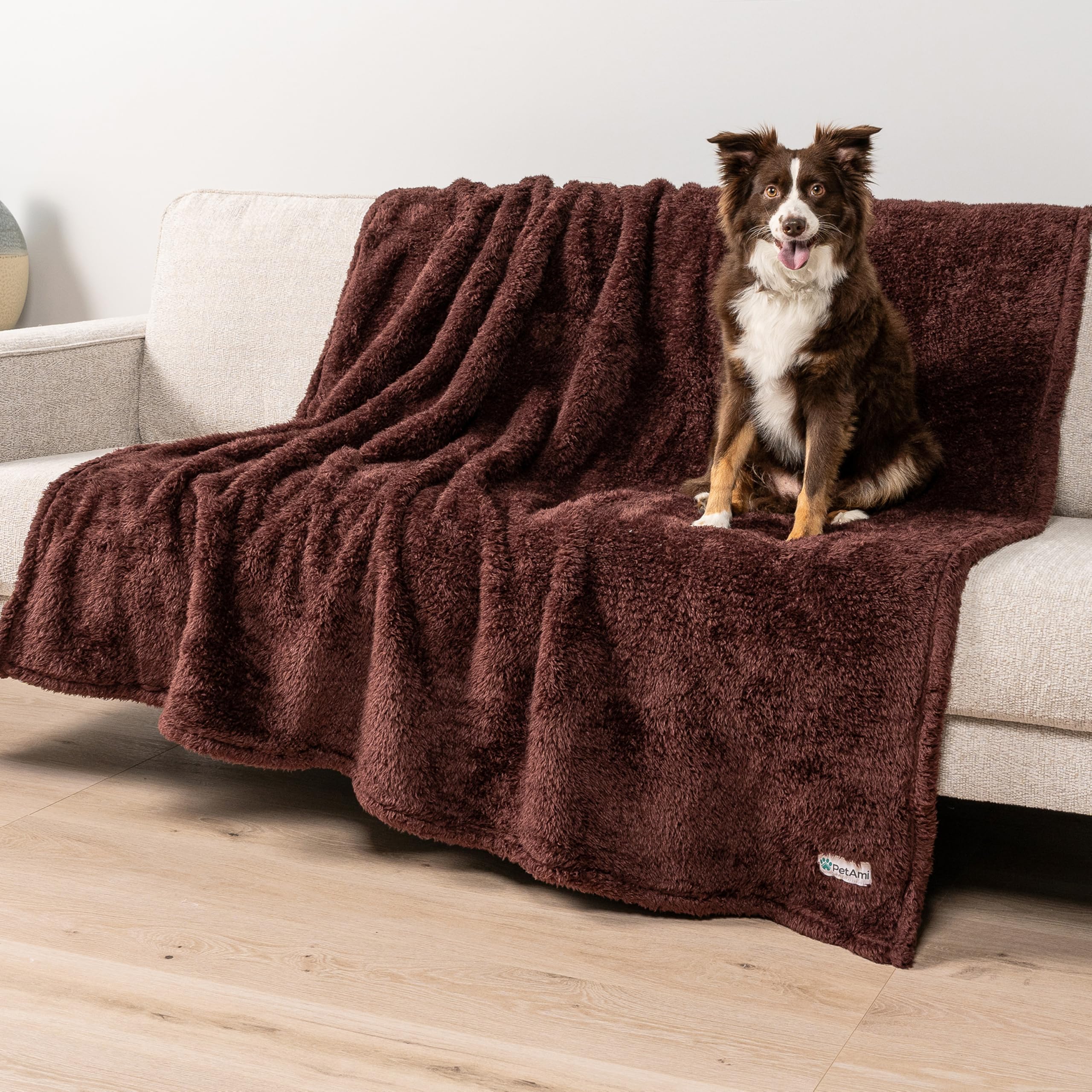 Petami Fluffy Waterproof Dog Blanket For Bed Large Dogs, Soft Warm Pet Sherpa Throw Pee Proof Couch Cover, Reversible Cat Blanket Sofa Crate Kennel Protector, Washable Mat Queen (Brown, 90X90)