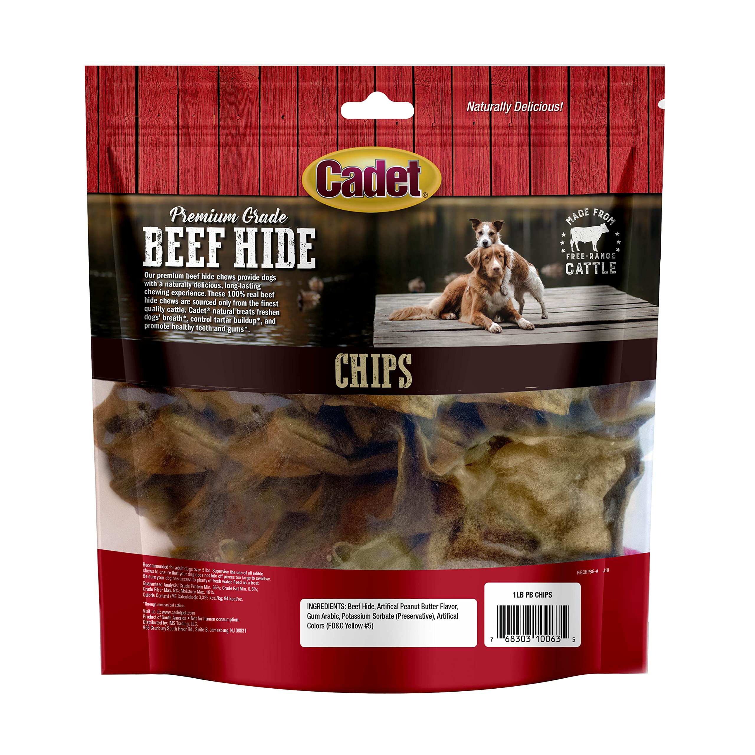 Cadet Premium Grade Beef Hide for Dogs, Long-Lasting Rawhide Chips, Single Ingredient Dog Chews, Peanut Butter Flavor, 1 Pound