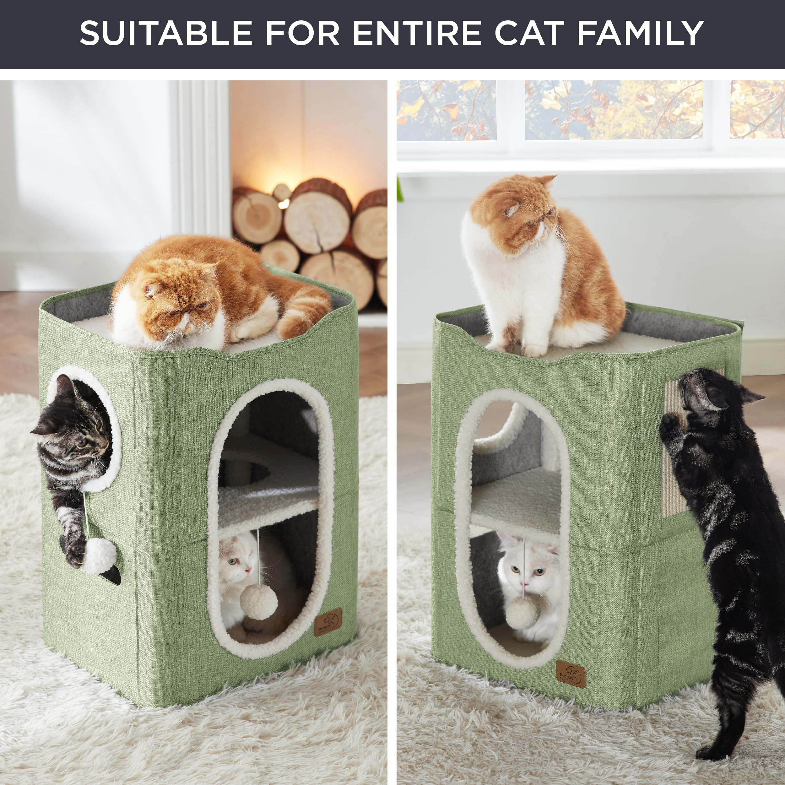 Bedsure 2-Level Cat House For Indoor Cats - Small Cat Towers With Scratch Pad And Hideaway Condo, Cat Cave Bed Furniture For Multi Pets And Large Cats, 18X14X23 Inches, Green
