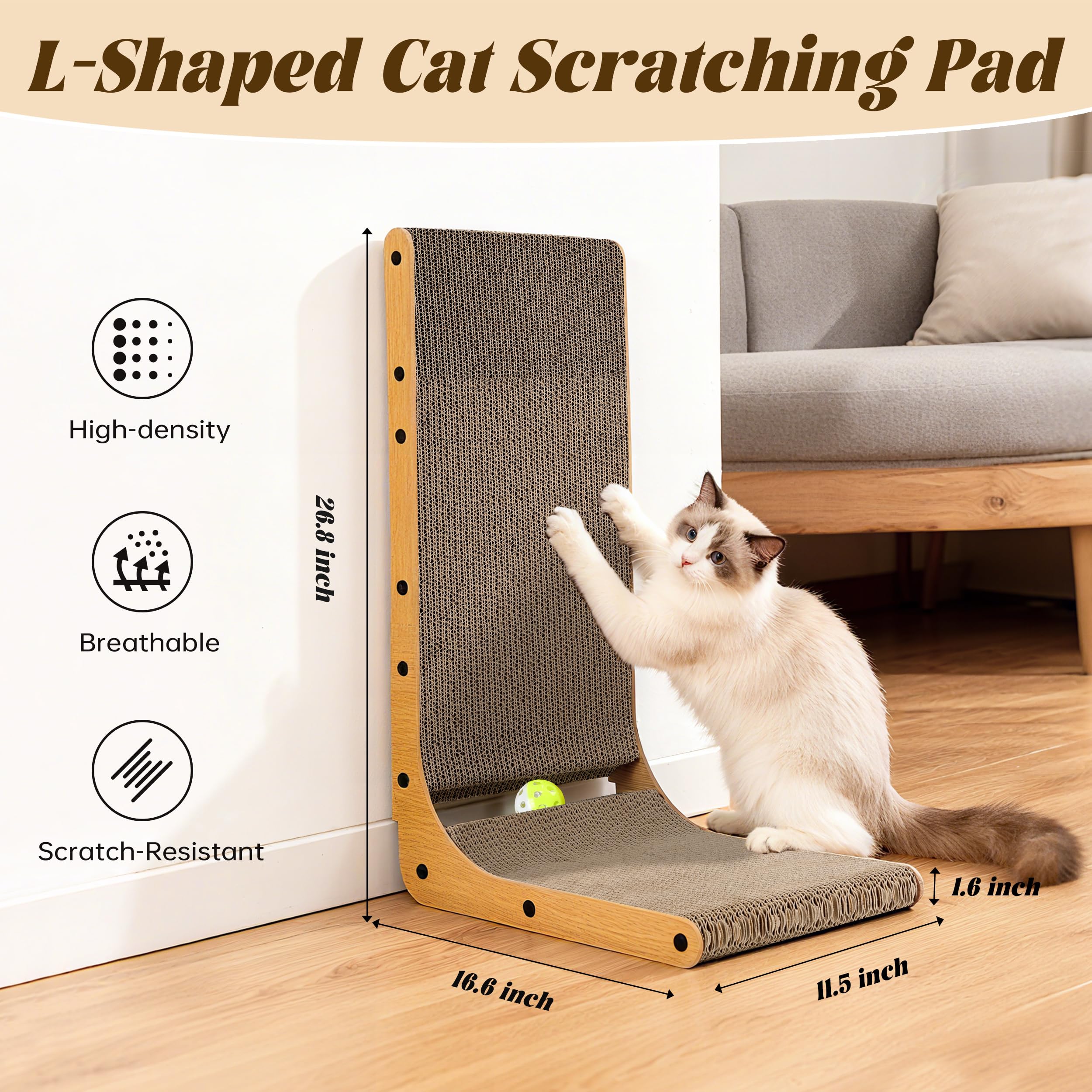PatiencET L Shape Cat Scratcher, 26.8 Inch Cardboard Scratch Pad for Indoor Cats, Large Vertical Scratch Board, Furniture Protec