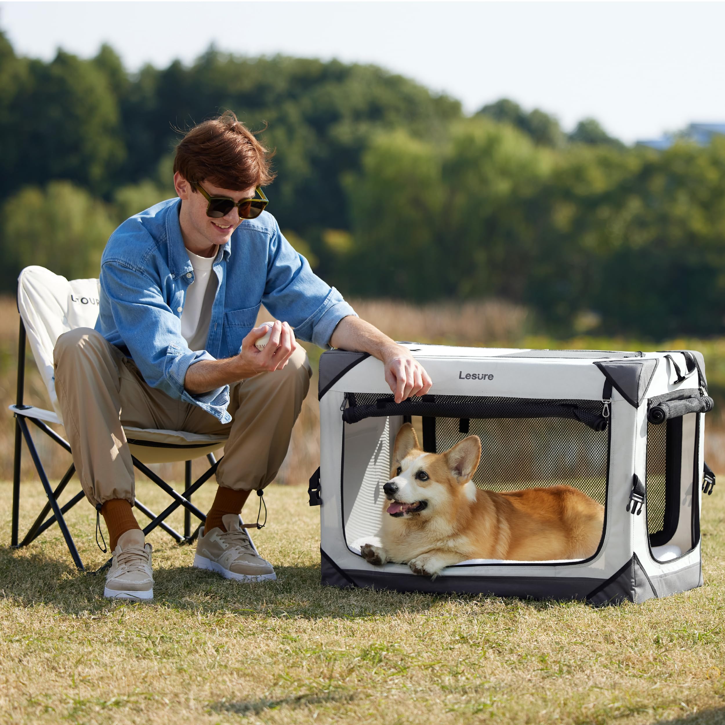 Lesure Collapsible Dog Crate - Portable Travel Kennel for Small Dog, 4-Door Pet Crate with Mesh Windows, Indoor & Outdoor, Light