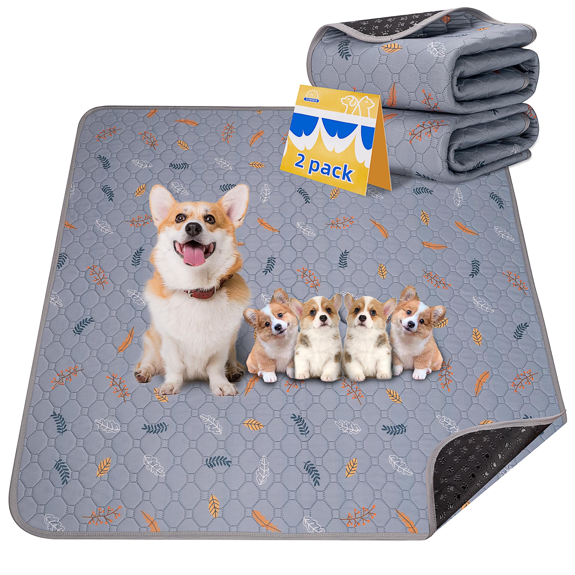 Sunheir Washable Dog Pee Pads 2-Pack, Waterproof Polyester, 31x36 Inch, Leaves - Light Grey, Non-Slip, Perfect for Training and Crate Use