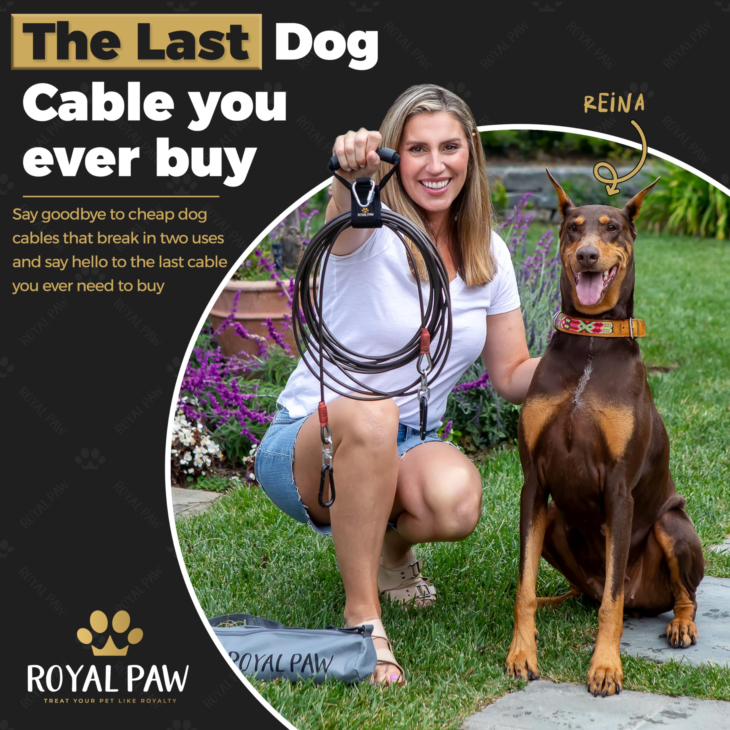 Royal Paw Dog Tie Out Cable - Tie Out Cable For Dogs (Up To 300 Lbs) - Use Dog Tie-Outs & Stakes For Outside - Best Heavy Duty Dog Leash For Large Dogs (30Ft - Black Onyx)