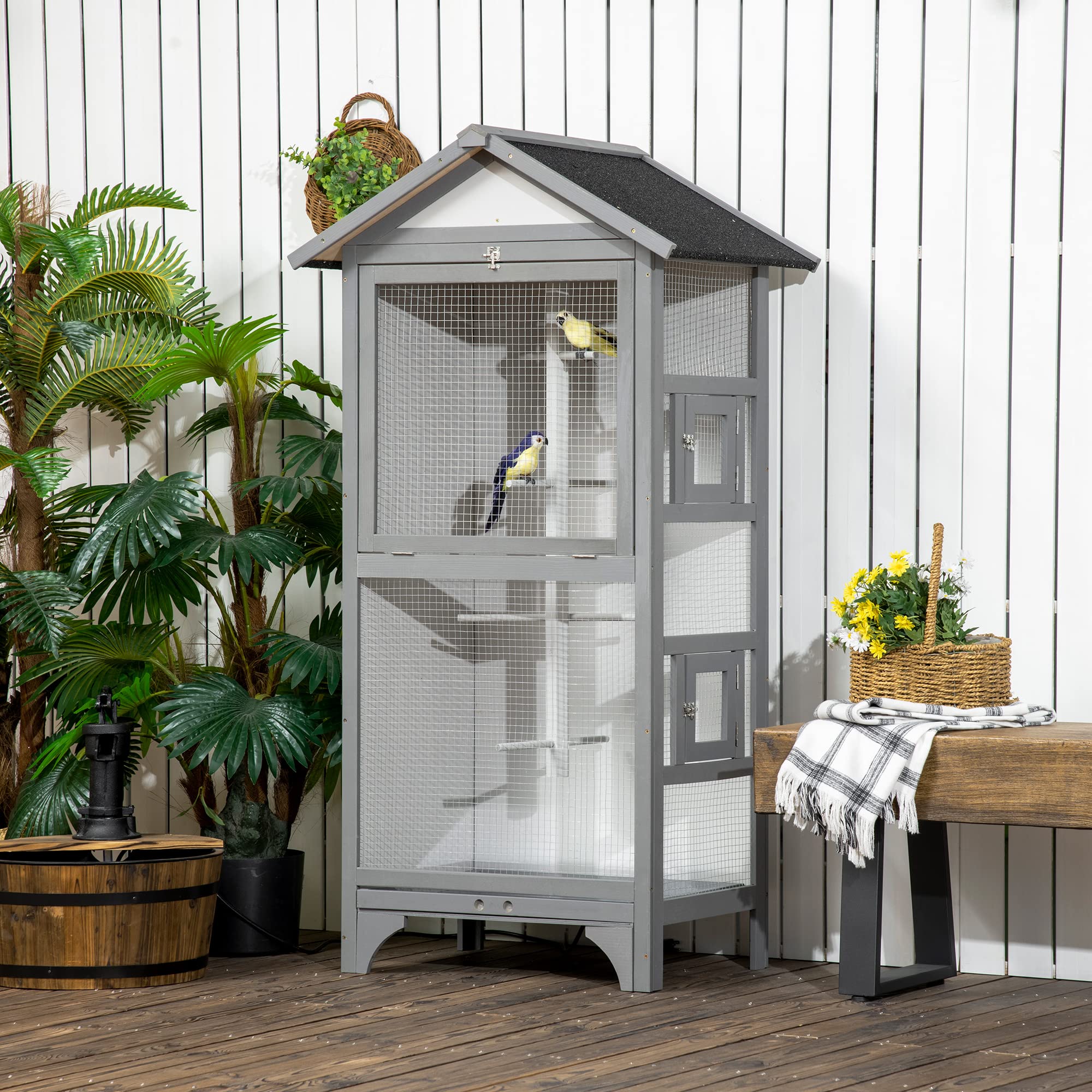 Pawhut 60' Wooden Outdoor Bird Cage For Finches, Parakeet, Large Bird Cage With Removable Bottom Tray 4 Perch, Light Gray