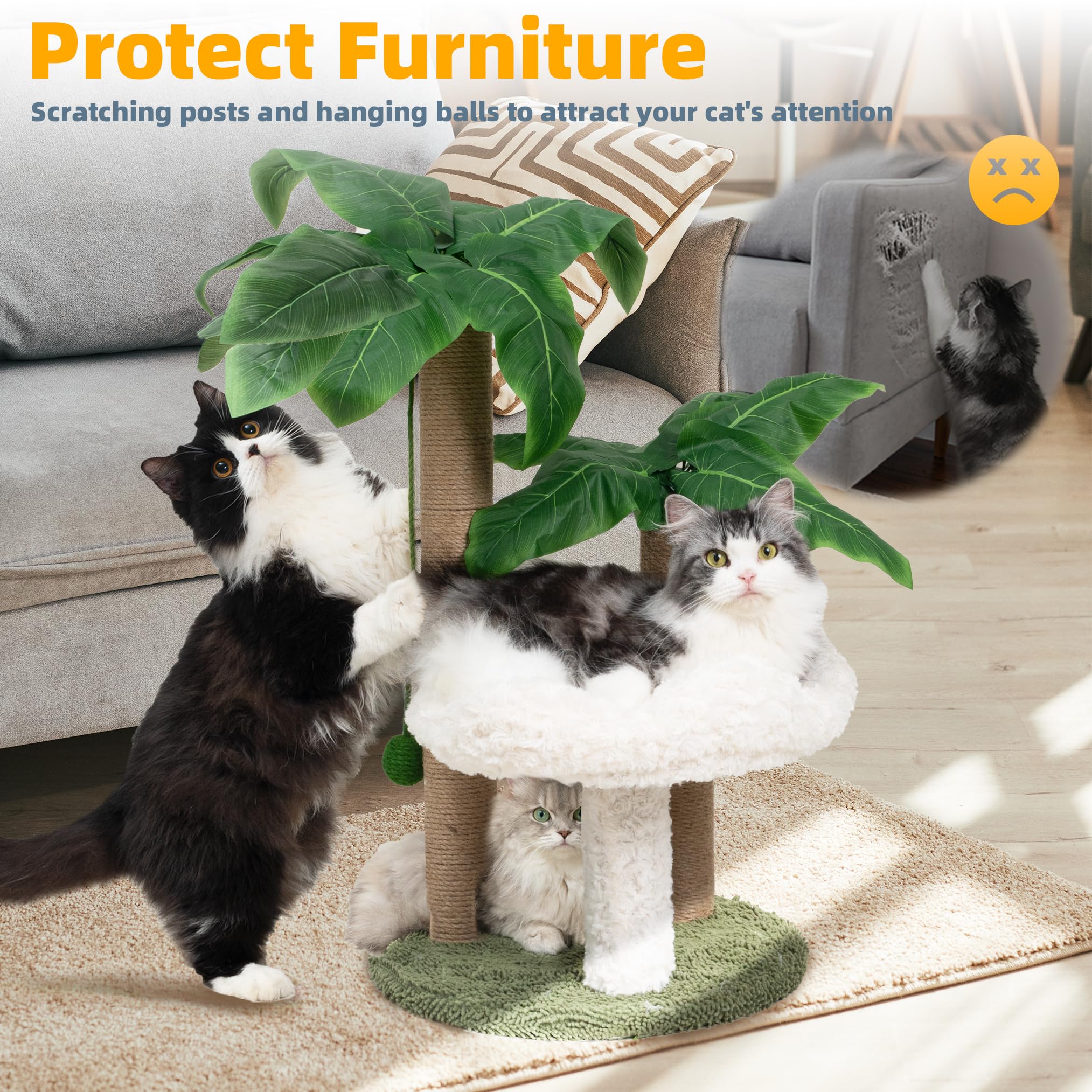 Cat Scratching Post Palm Tree with Bed Cloud Cute Cat Tree for Indoor Large Cats 3 Scratching Poles Sisal Hanging Balls for Cat