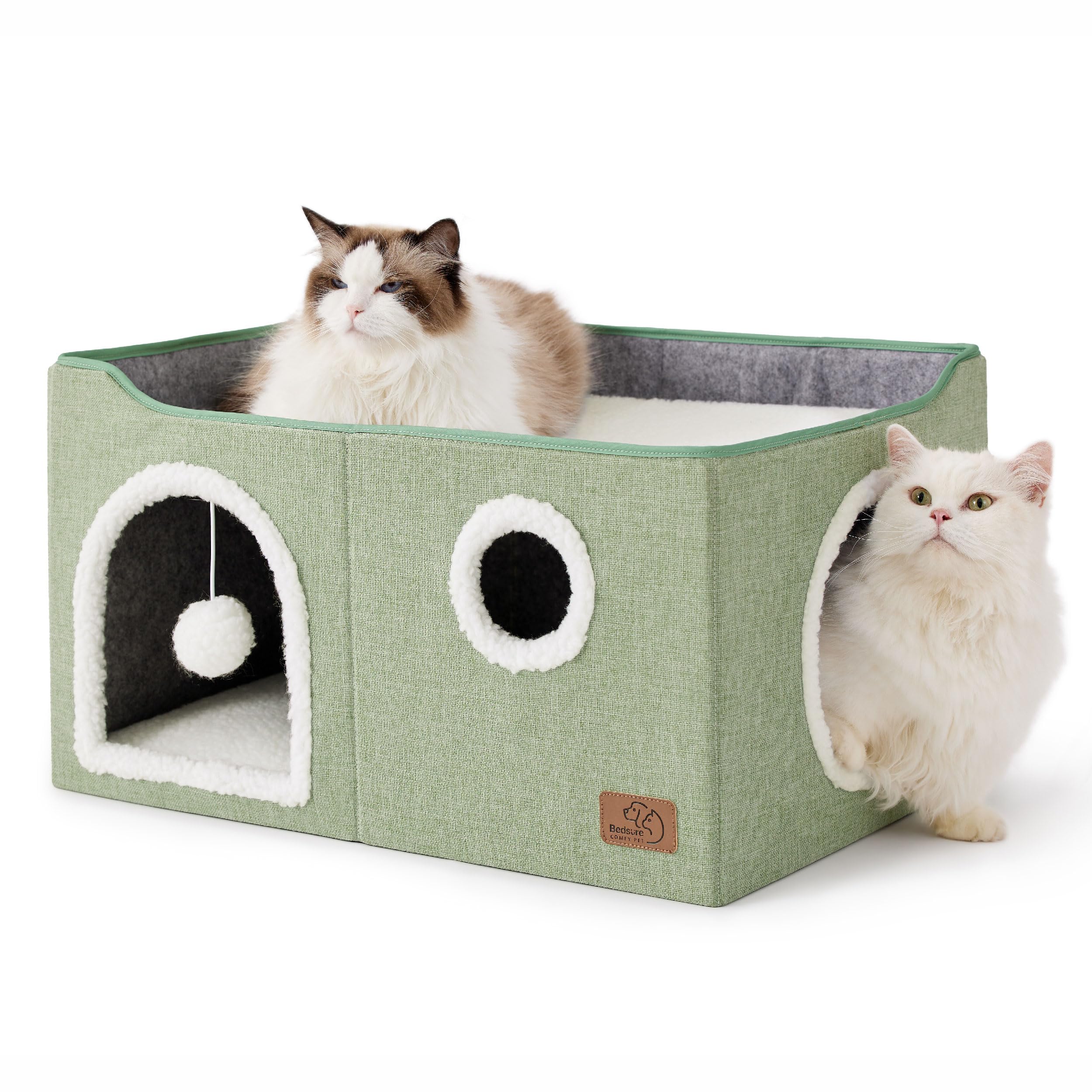 Bedsure Extra-Wide Cat House For Indoor Cats - Large Cat Cave For Pet Cat House With Fluffy Ball Hanging And Scratch Pad, Foldable Cat Hideaway For Multi Cats, 23.6X16.9X13 Inches, Green