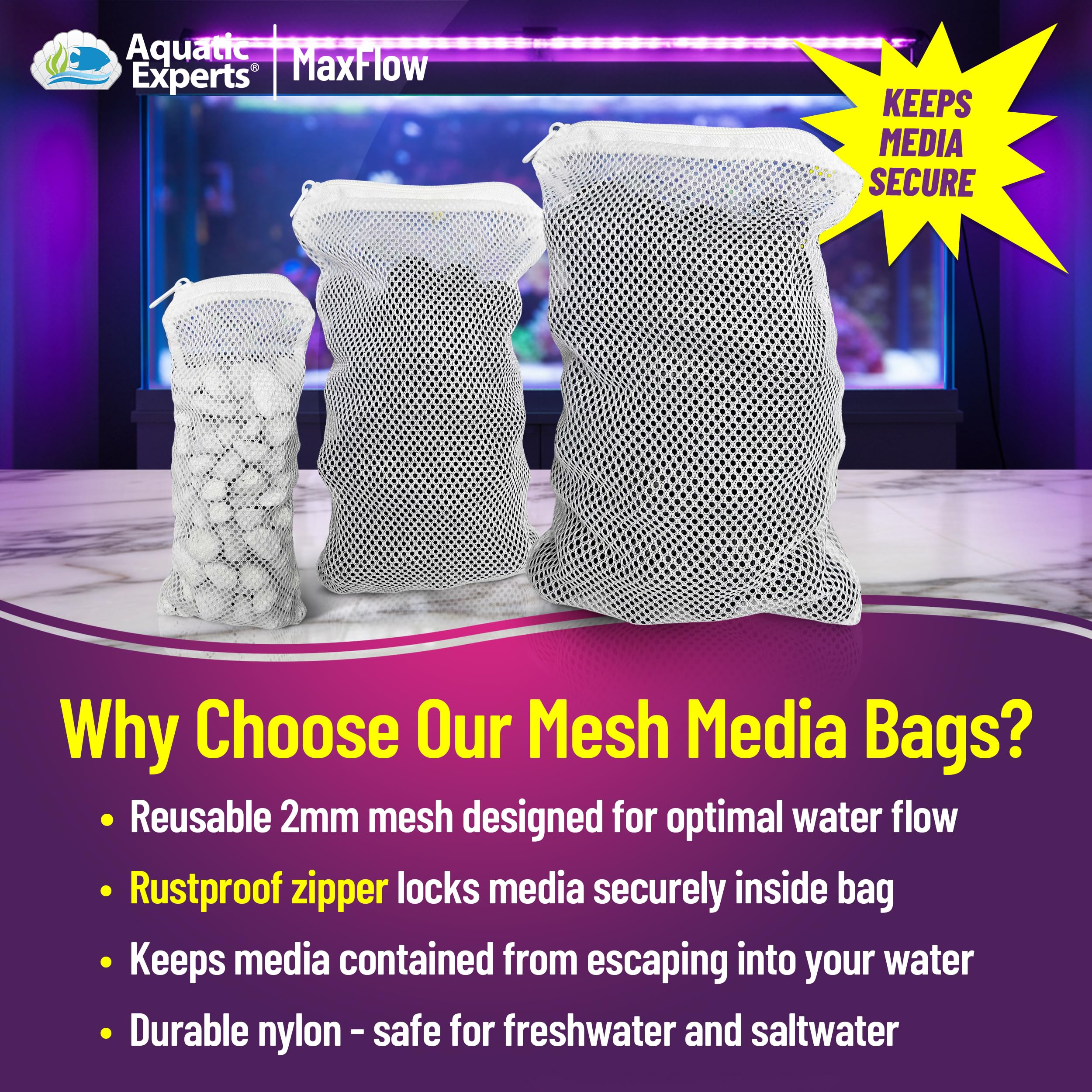 Aquatic Experts Max Flow Filter Media Bags - Secure Zipper Bags For Fish Tank, Aquarium And Pond, 5'' X 9'' - 4 Pack