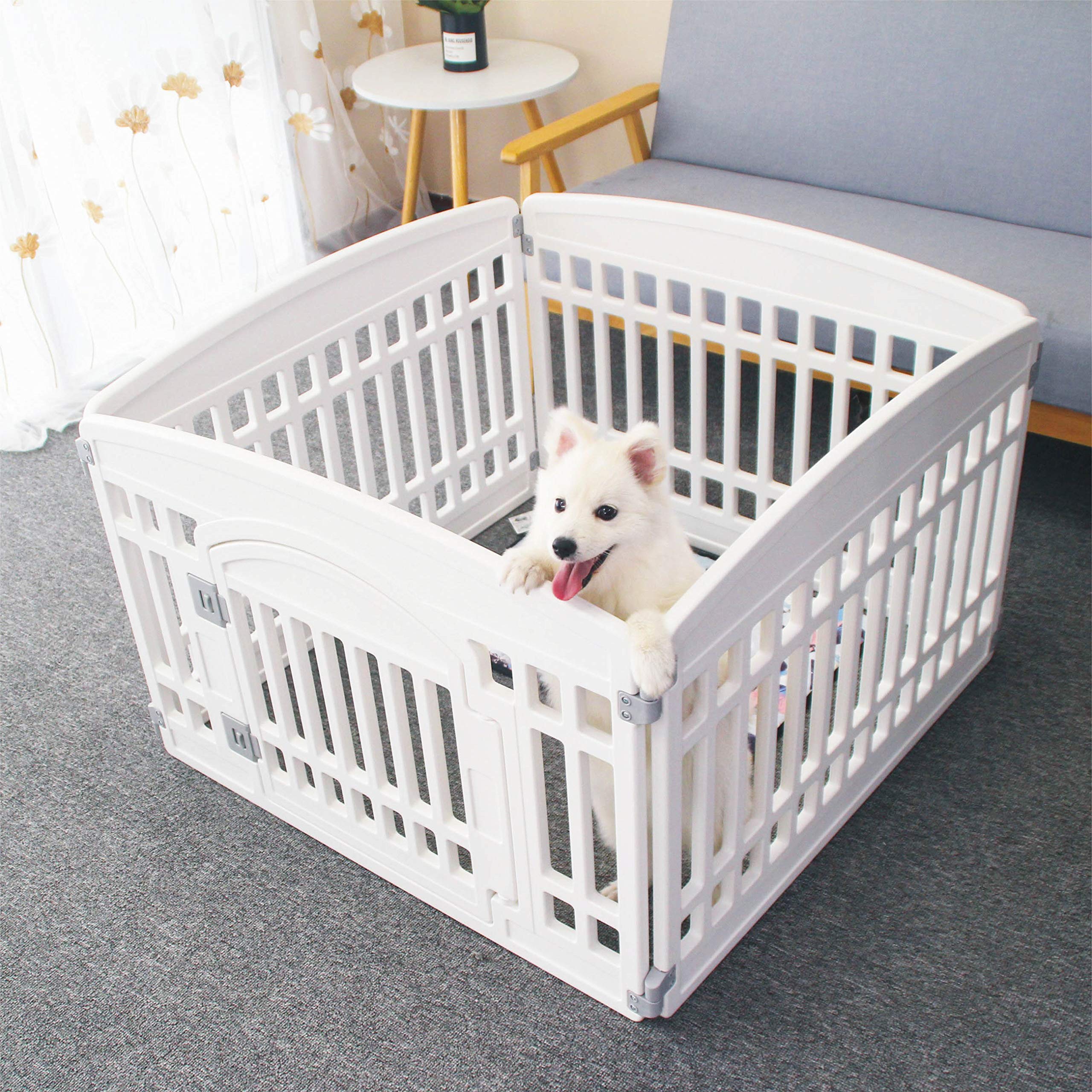 Pet Playpen With Mesh Fabric Top Cover Foldable Gate For Dogs Heavy Plastic Puppy Exercise Pen Small Pets Fence Puppies Folding Cage 4 Panels For Puppies And Small Dogs House Black (33.5X33.5 Inches)