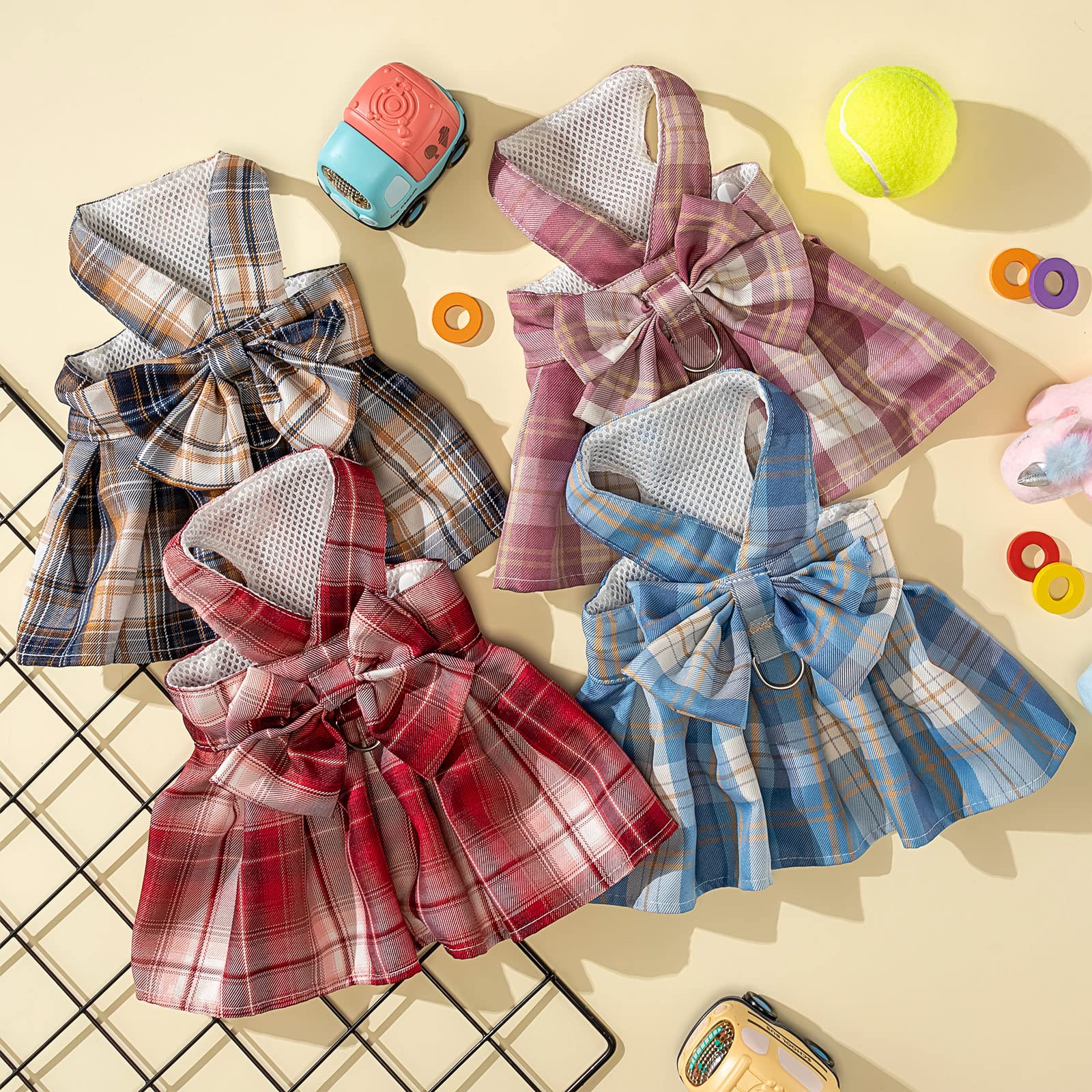 Potchen 4 Pcs Plaid Dog Dress Bow Tie Harness Leash Set Harness Dress For Small Dogs Cute Dog Pet Girl Puppy Summer Clothes For Female Summer Bunny Rabbit Clothes Yorkie Chihuahua Training Walking (S)