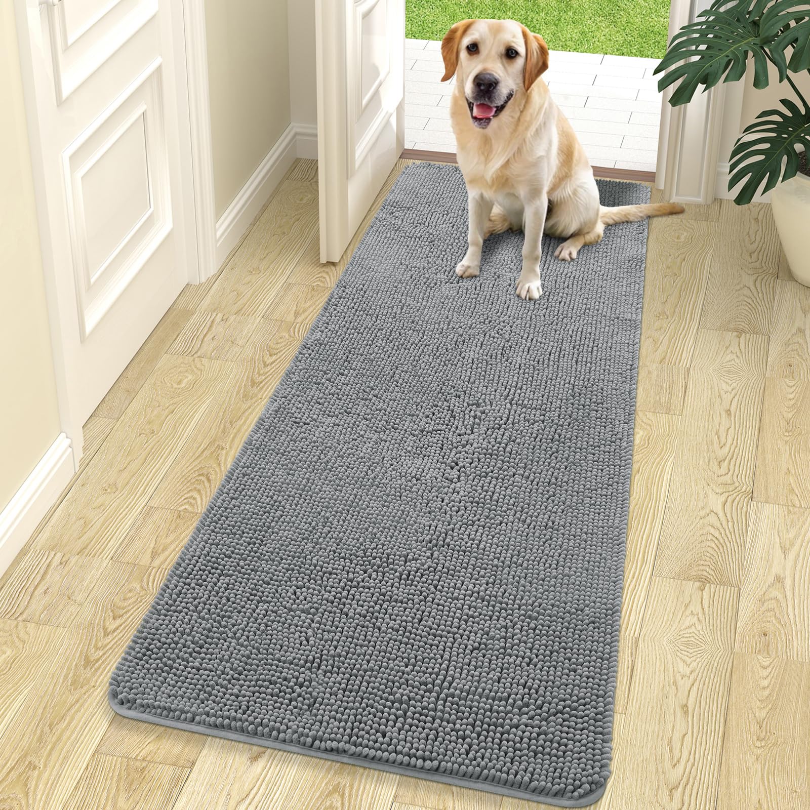 OLANLY Dog Door Mat for Muddy Paws 70x24, Absorbs Moisture and Dirt, Absorbent Non-Slip Washable Doormat, Quick Dry Chenille Mud