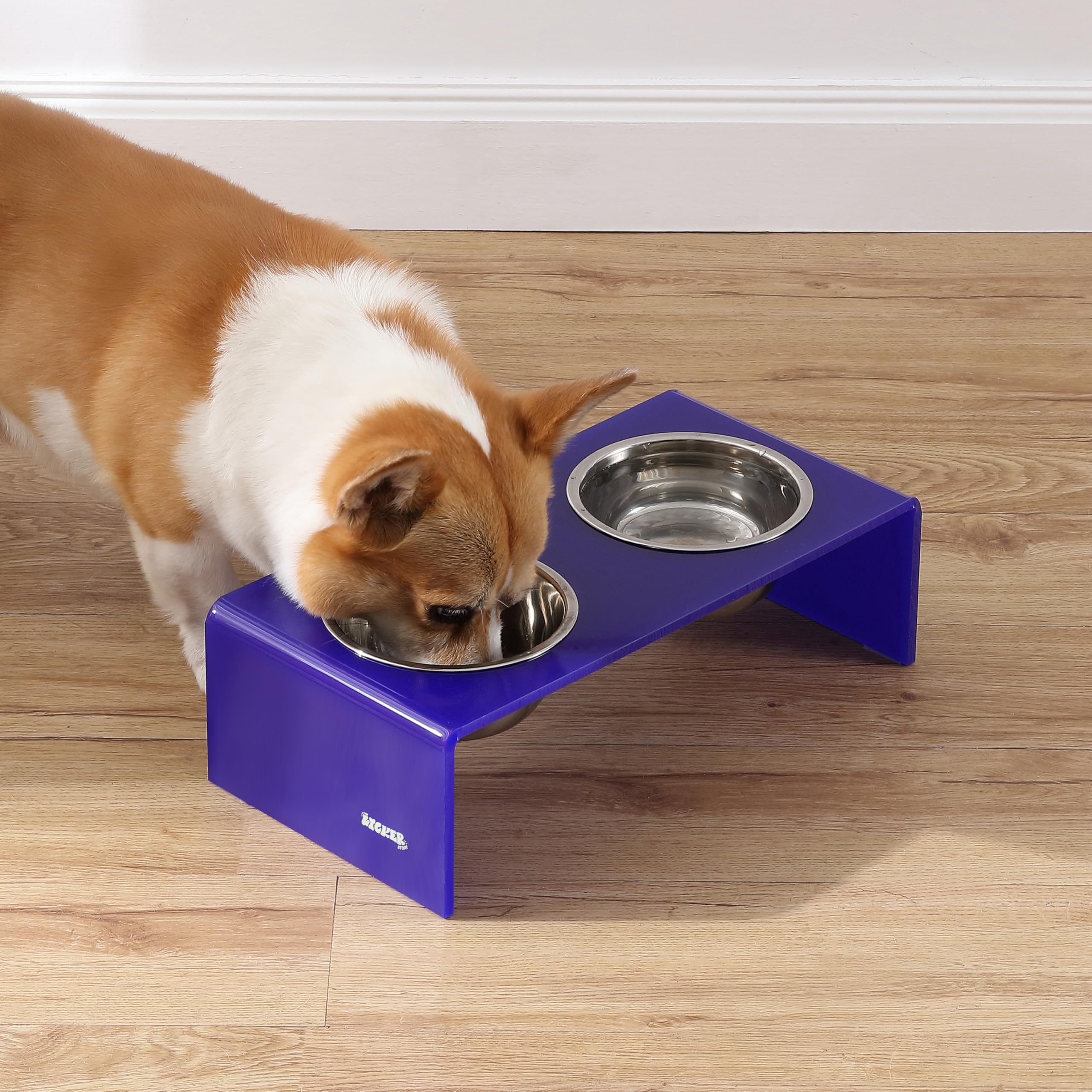 The LICKER Store DBL2000F Keaton 5 Small/Medium Modern Acrylic Rectangular Elevated Pet Feeder with 20oz 2-Stainless Steel Bowls