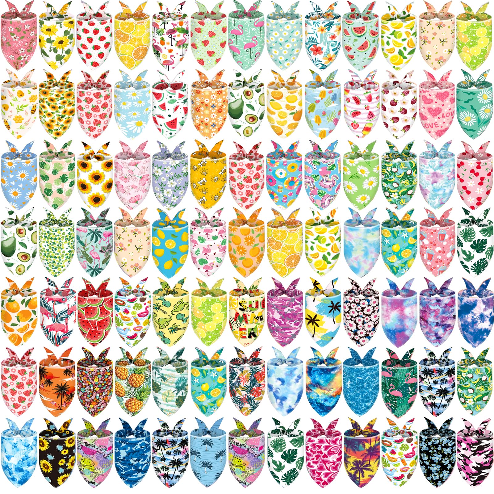 Xpudac 100 Pack Summer Dog Bandanas Bulk Dog Scarf Bibs Adjustable Washable Kerchief With Fruit Flamingo Flower Patten Pet Costu