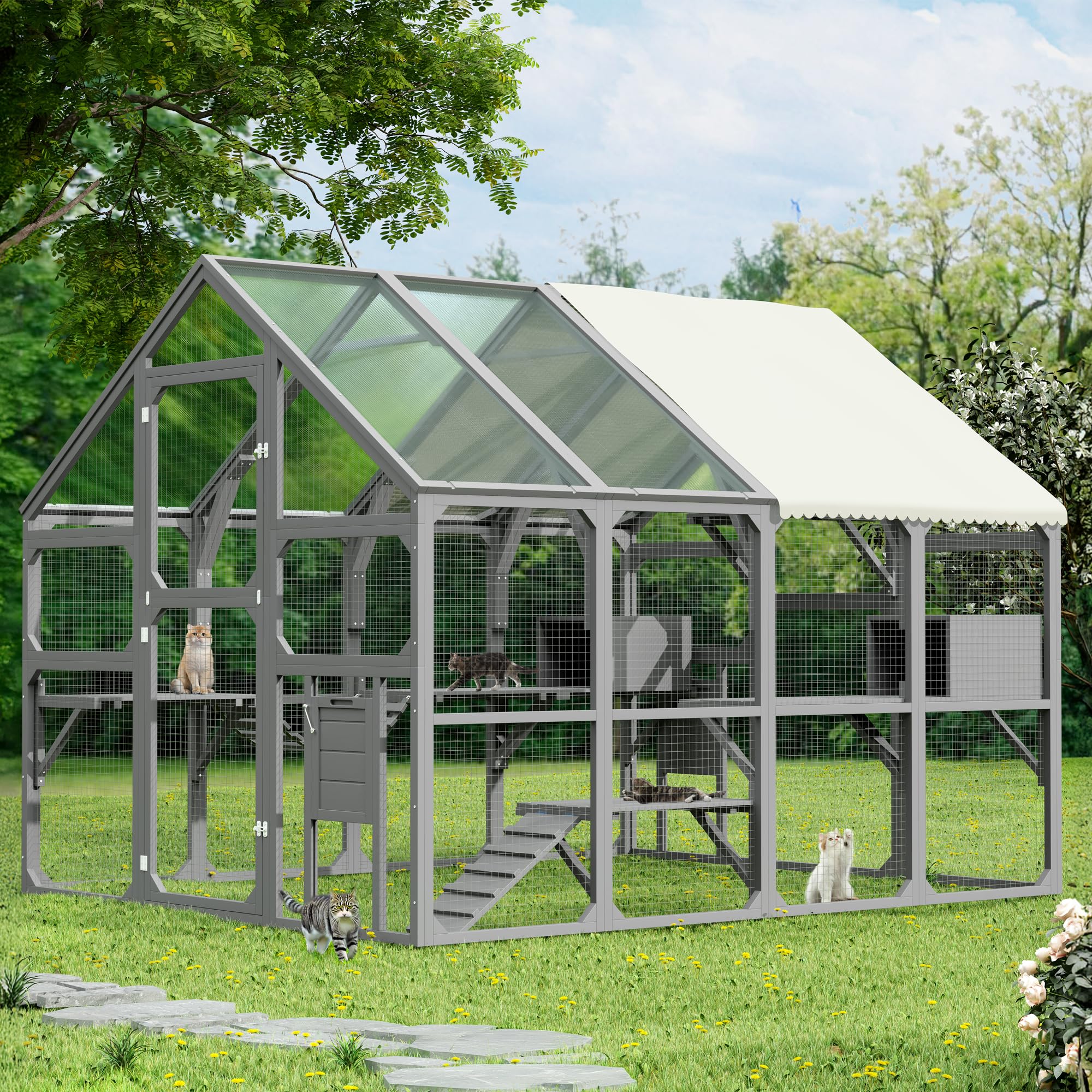 HELLYMOON 50ft Large Catio Outdoor Cat Enclosure, Solid Wood Extra Large Outdoor Cat Enclosure Kits with Waterproof Cover & Sun 