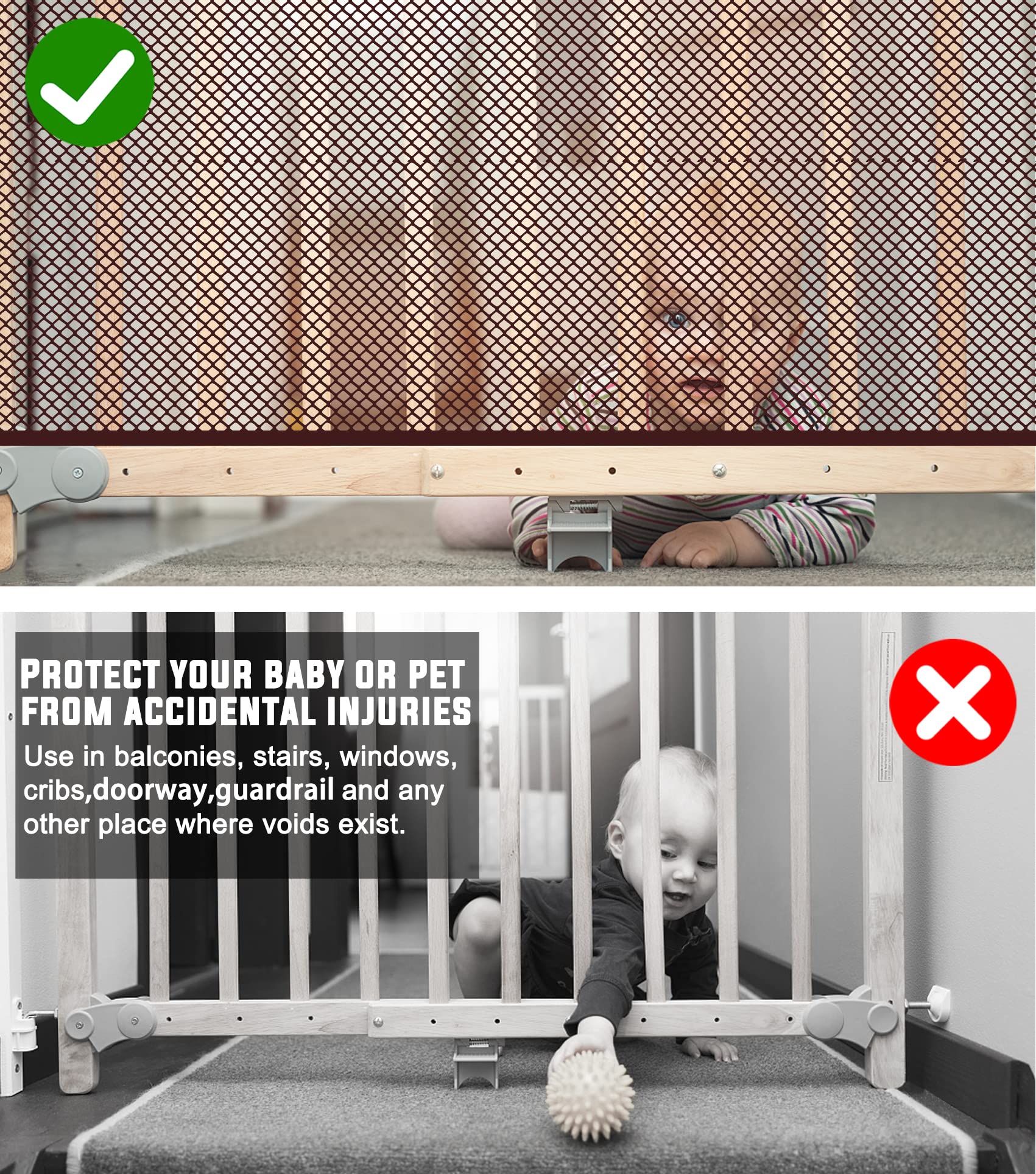 Jiftok Baby Gate For Stairs, Banister Guard For Kids, Pets, Toys, 10Ft L X 2.66 Ft H, Mesh Netting Safety Net For Balcony Rail Stair, Stairway Net Baby Safety Products For Indoor & Outdoor (Brown)