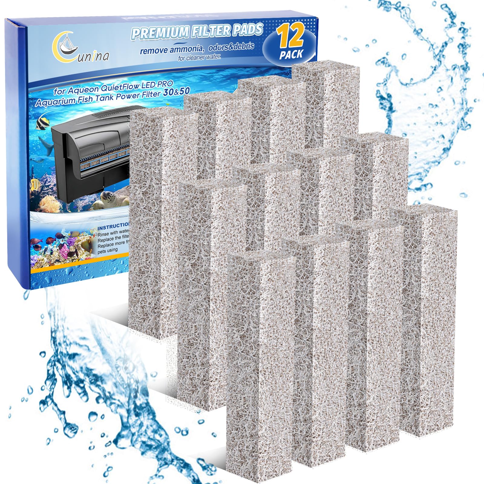 Cunina 12Pcs Ammonia Reducer Filter Pads Compatible With Aqueon Quietflow 30 & 50, Sponge Filters For Aqueon Replacement Filter 
