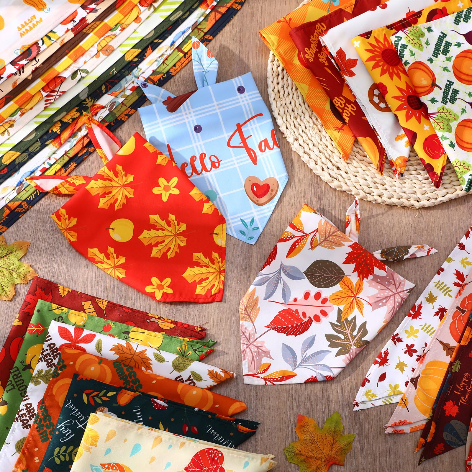Lasnten 120 Pcs Fall Dog Bandanas Bulk Pumpkin Maple Leaves Bandana for Dogs Thanksgiving Pet Bibs Scarf for Small Medium Large