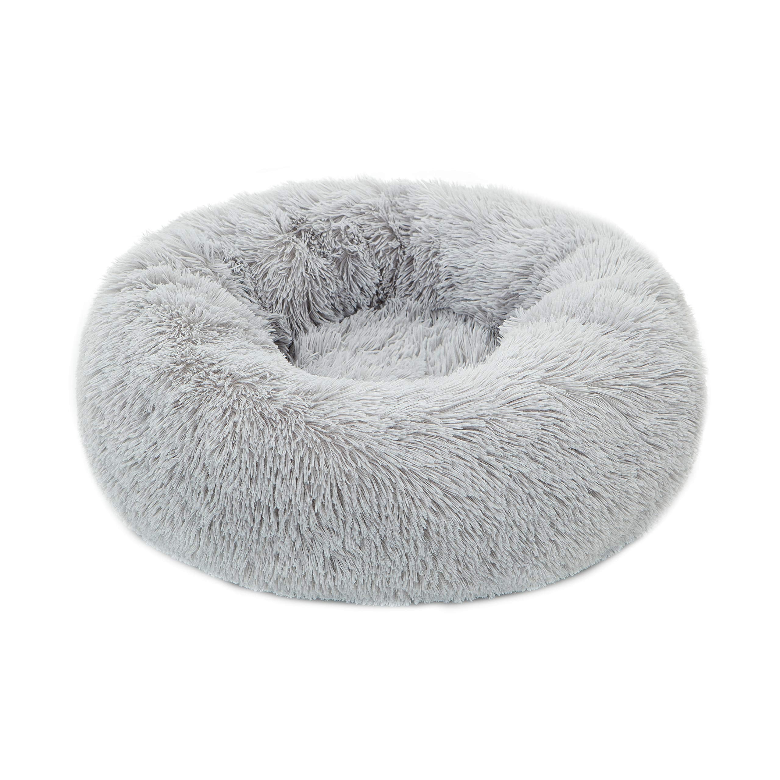 Tormays Calming Donut Dog Bed Medium, Plush Round Cuddler Dog & Cat Bed, Anit-Anxiety Marshmellow Fluffy Faux Fur Cushion (24', Light Grey)