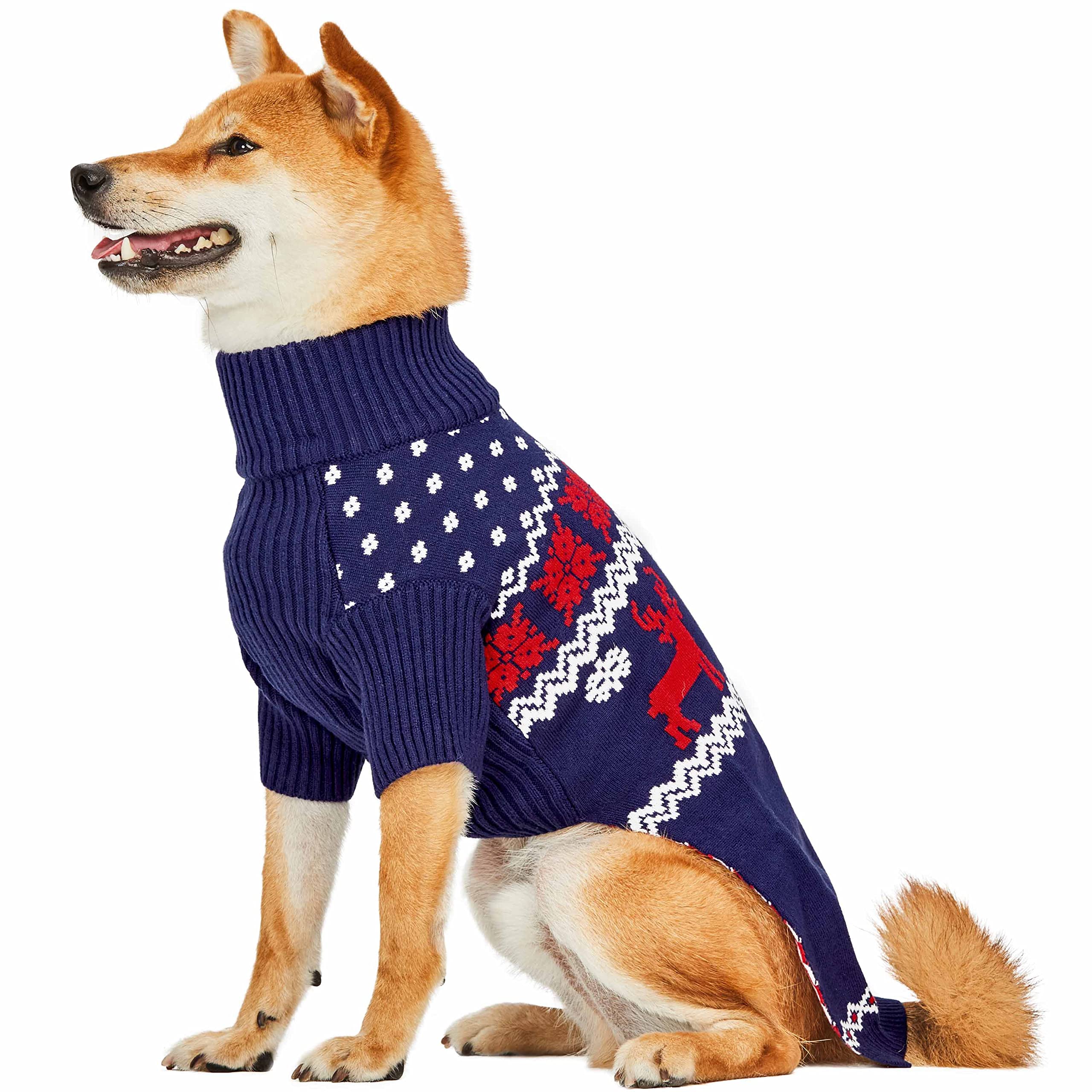 Blueberry Pet Christmas Reindeer And Snowflake Dog Sweater In Royal Blue, Back Length 10', Pack Of 1 Clothes For Dogs
