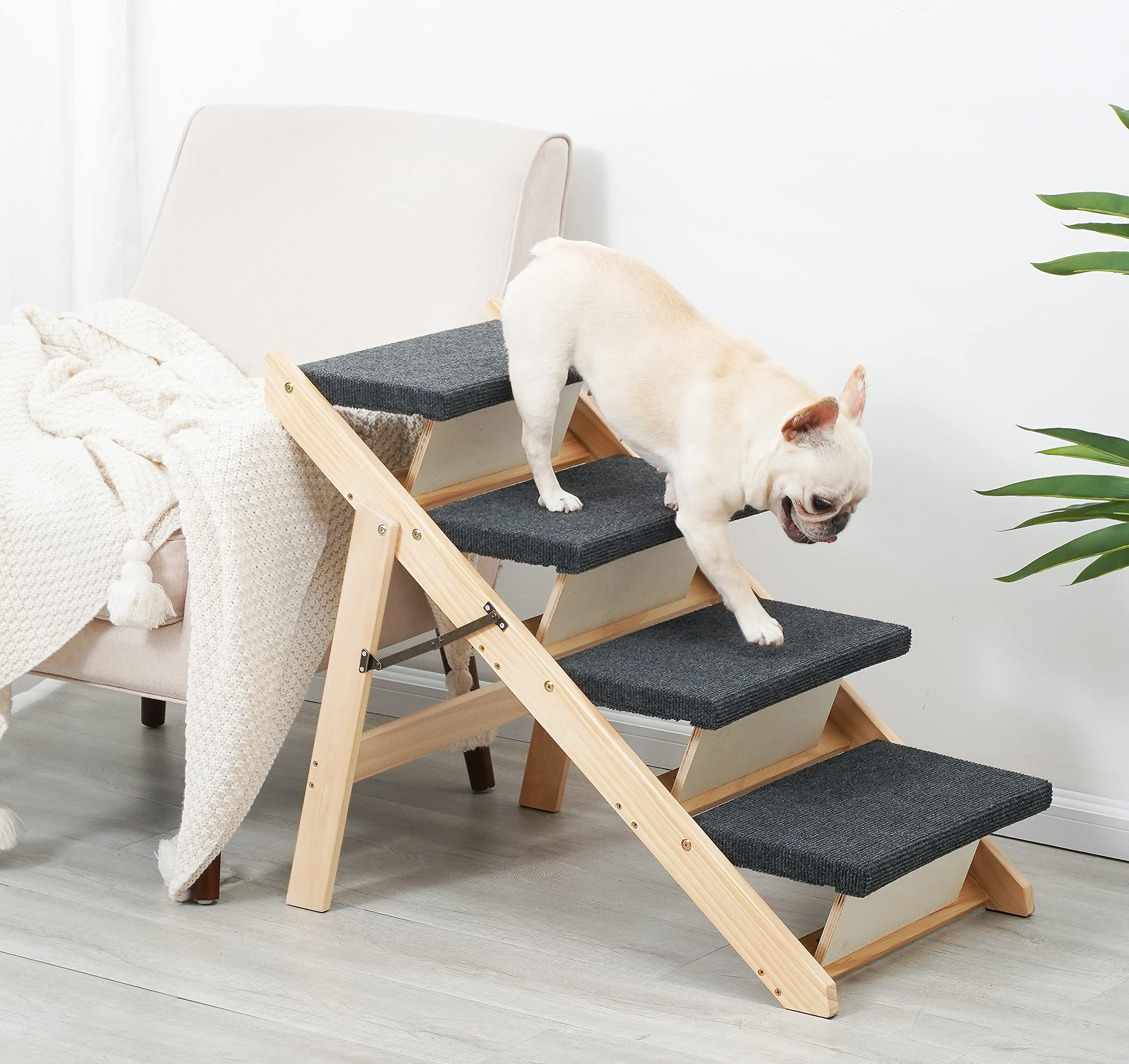 Sweetbin Wood Pet Stairs/Pet Steps For All Dogs And Cats - 2-In-1 Foldable Carpeted 3 Tiers Dog Stairs & Ramp Perfect For Beds And Cars - Portable Dog/Cat Ladder Up To 150 Pounds