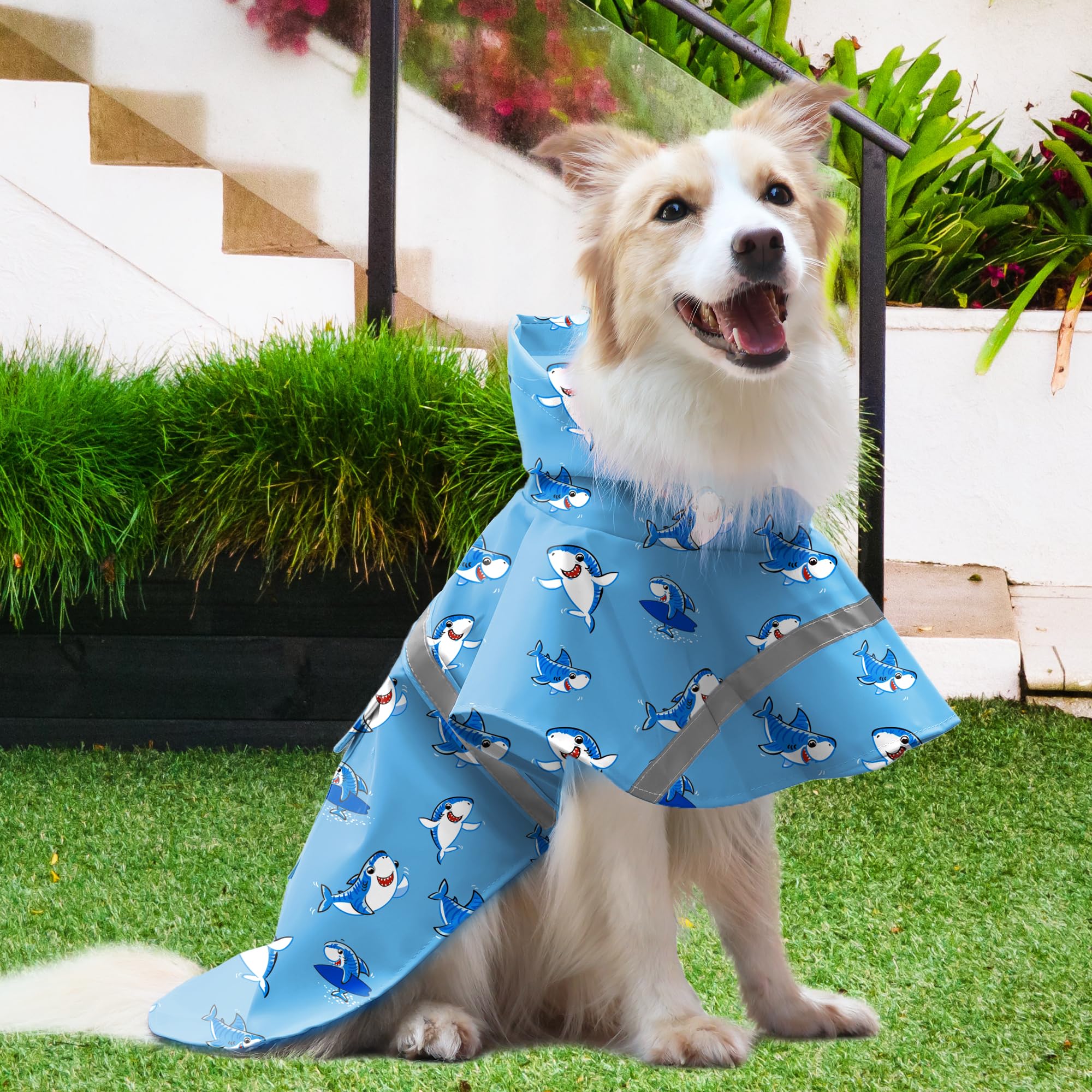 Nacoco Large Dog Raincoat Adjustable - Pet Shark Water Proof Clothes Lightweight Rain Jacket Poncho Hoodies With Strip Reflectiv